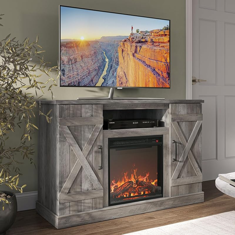 BELLEZE Veropeso 47" TV Stand with 18" Electric Fireplace - Grey Wash