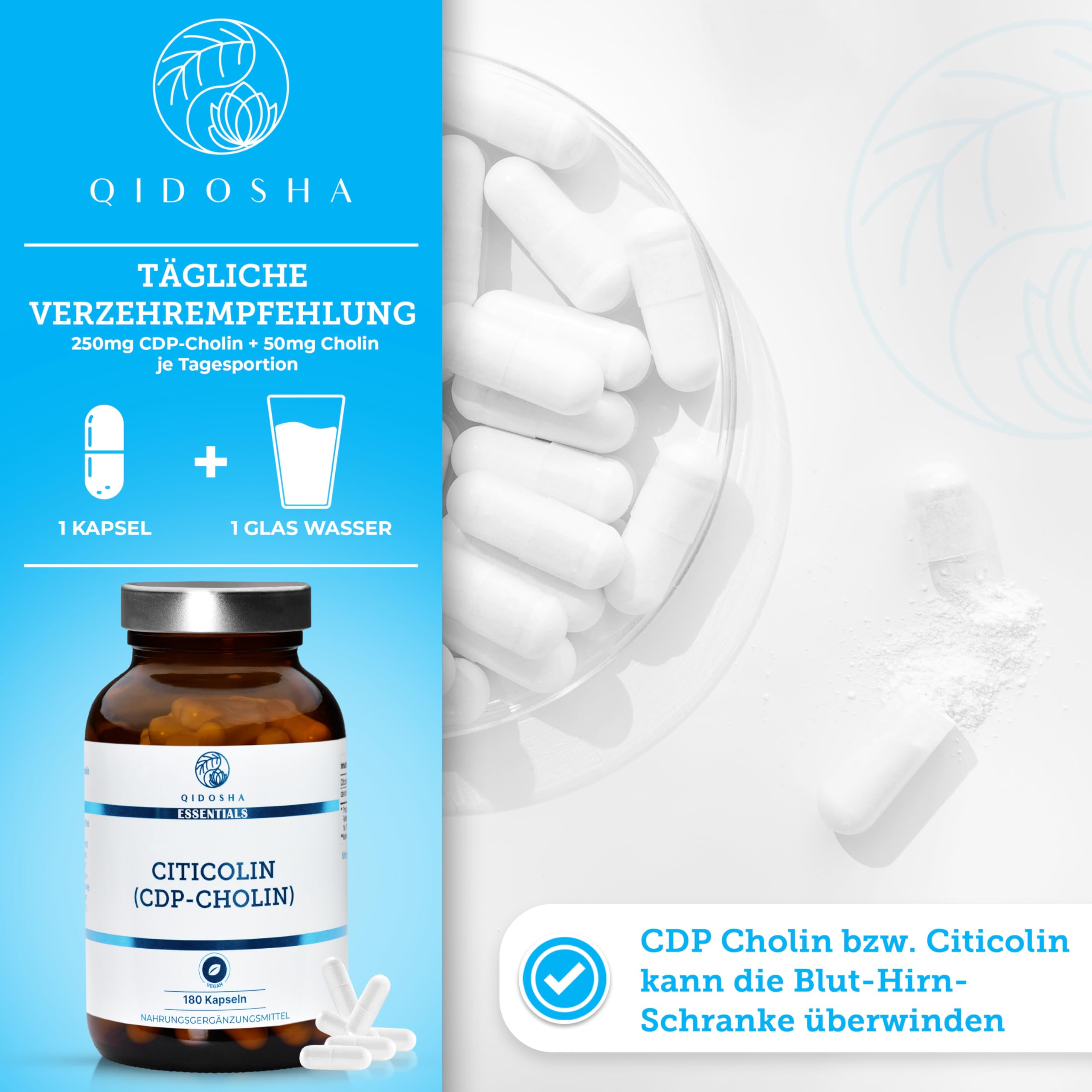 QIDOSHA® CDP Cholin (Citicolin) Kapseln, 180 Kapseln im Apothekerglas, volle 250mg Citicolin/CDP Cholin je Kapsel, vegan, laborgeprueft, deutsche Fertigung, Citicoline CDP Choline 250mg