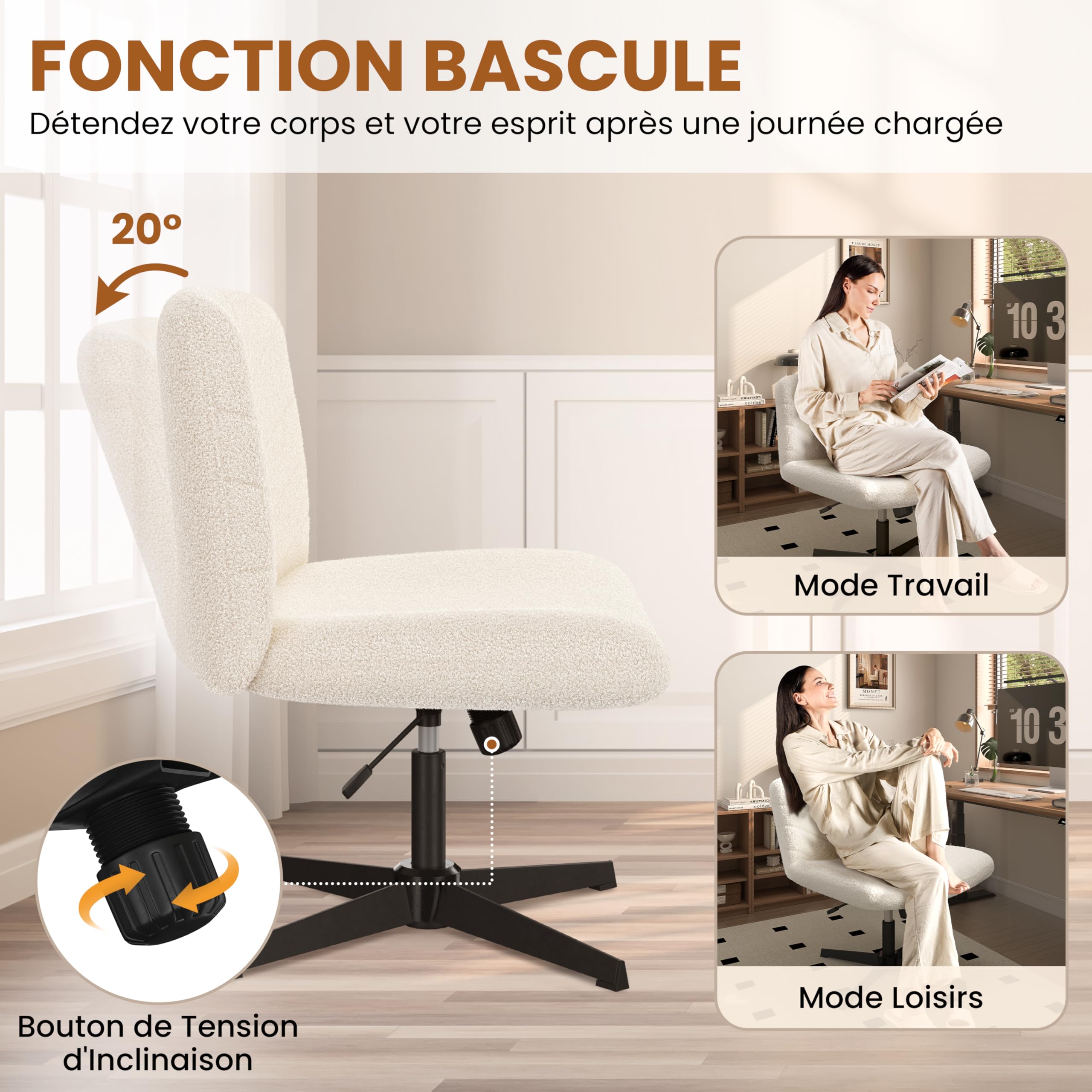 Yaheetech Chaise de Bureau sans roulettes, Fauteuil de Bureau sans Accoudoirs avec Large Assise, Fauteuil Pivotant en Tissu Bouclette, Chaise Réglable en Hauteur, pour Bureau Chambre, Ivoire