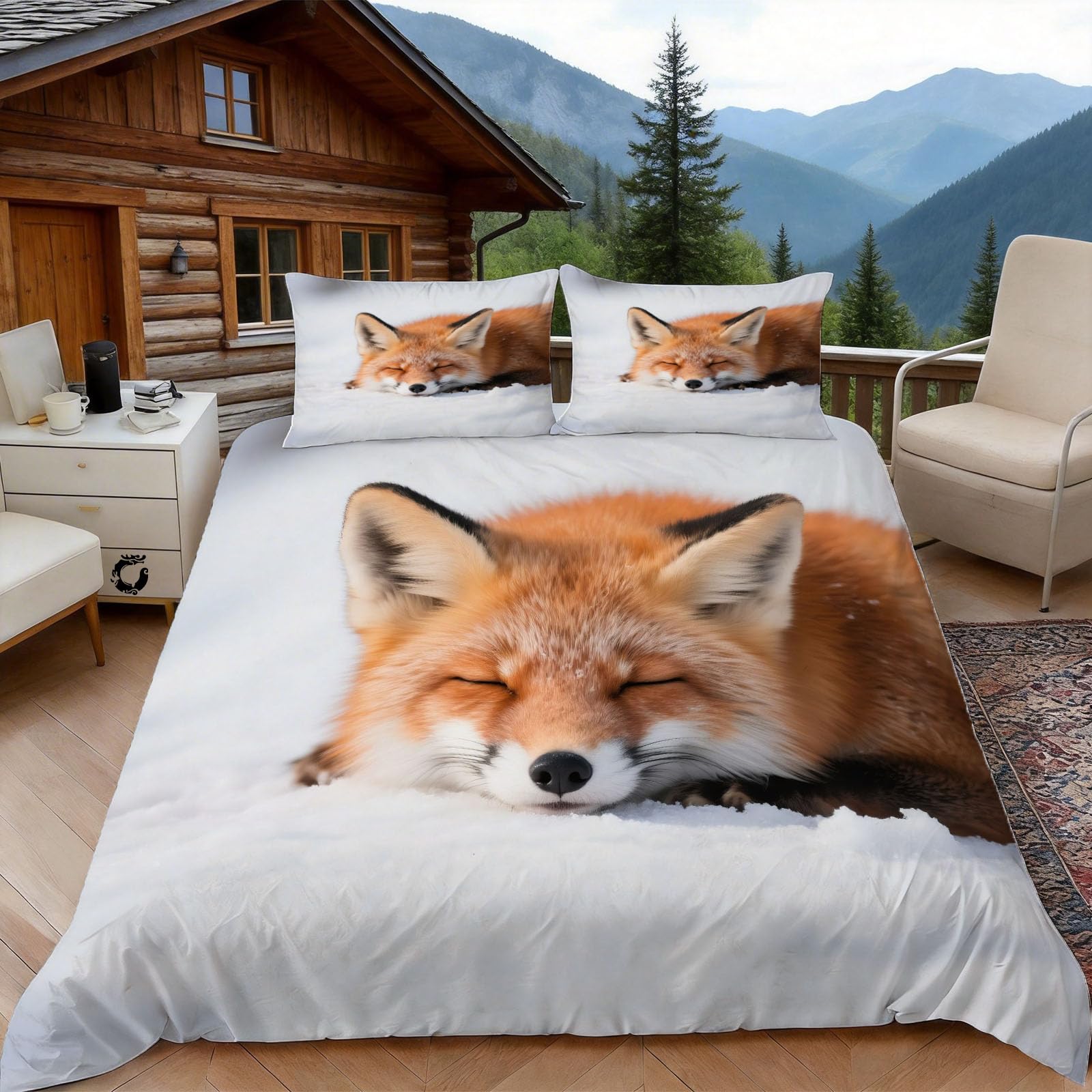 Housse de couette renard 240x260 anti-glisse en microfibre douce avec zips invisibles