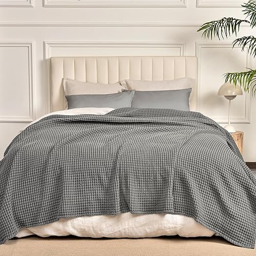 Miniatura 5 de PHF Manta cálida de tejido gofre de 100% algodón lavado, tamaño individual suave, acogedora y transpirable para todas las estaciones, manta de punto