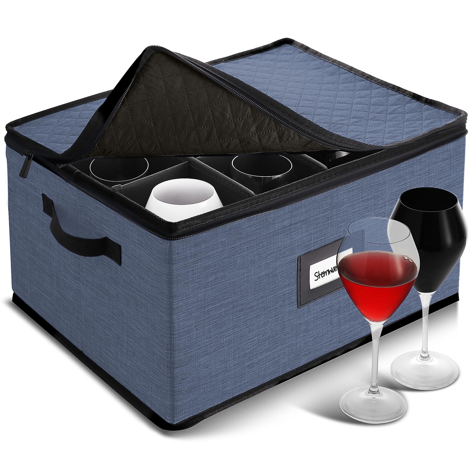 Hearth &amp; Harbor Wine Glass Storage Box with Dividers, Stemware Storage