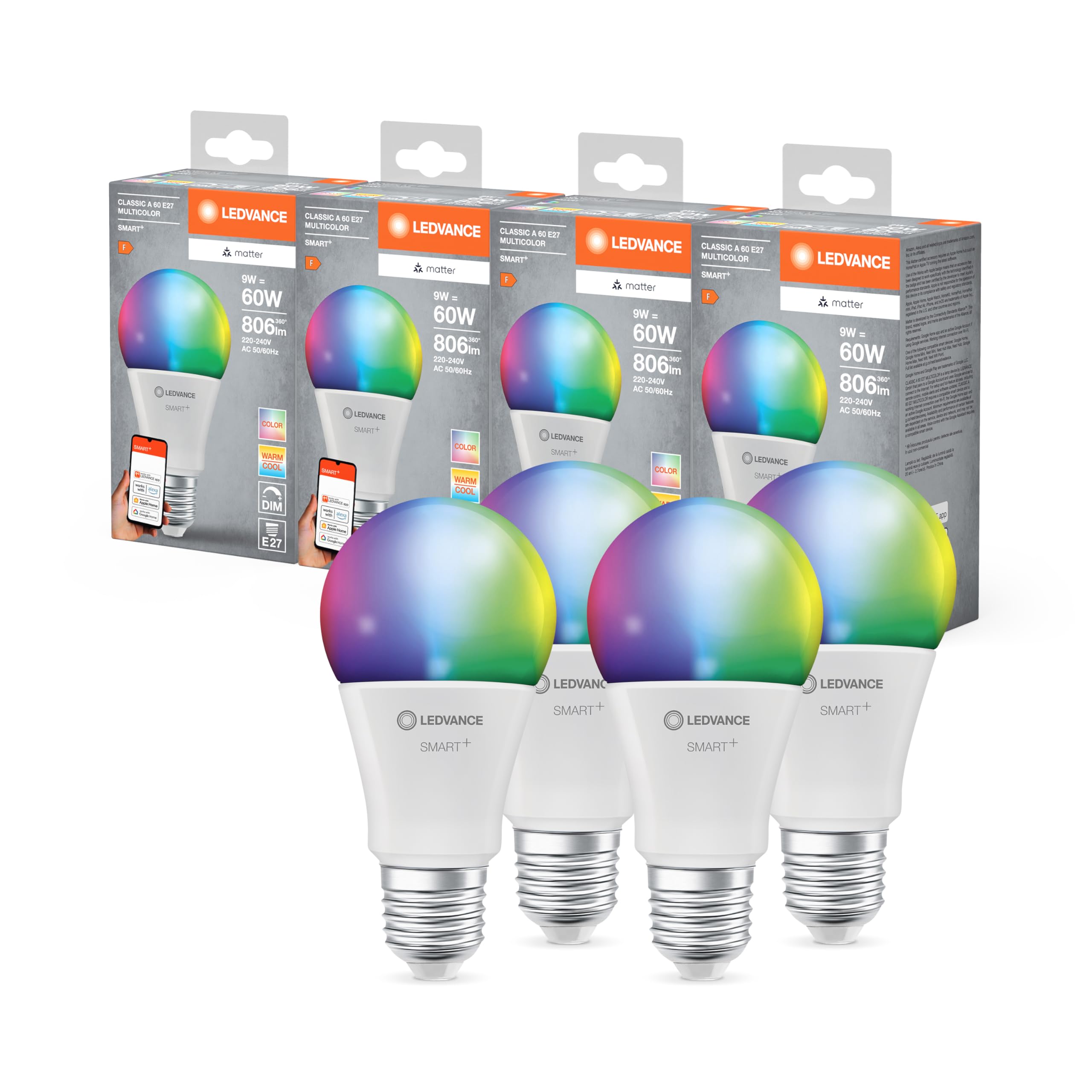 LEDVANCE Lampada LED SMART+ MATTER, smerigliata, 9W, 806lm, forma a goccia E27, luce colorata e luce bianca, compatibile con Google, Alexa, Apple, app o controllo vocale,20.000 ore,conf. da 4
