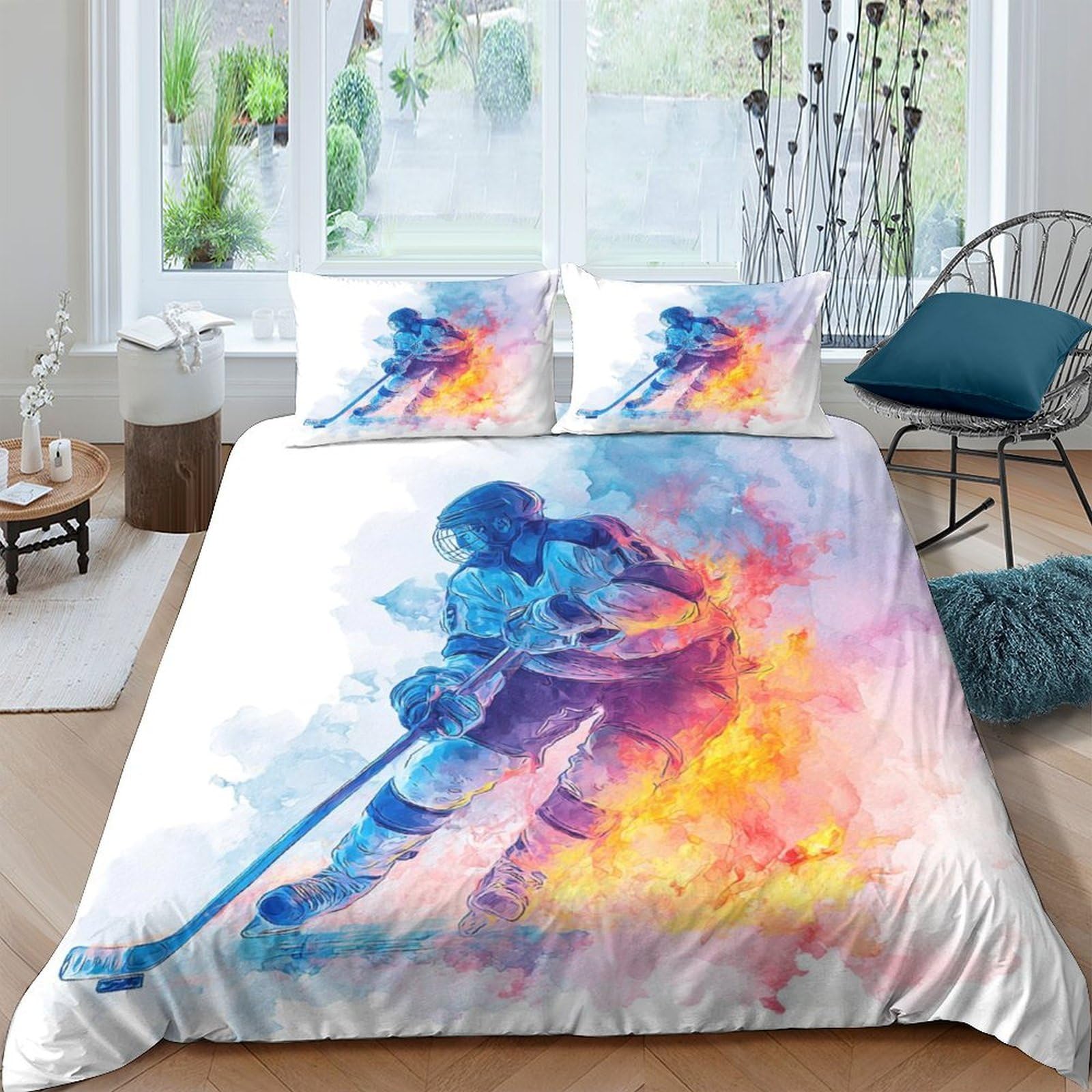Ctjqhvkz Style-6 3D Printed Hockey Player Fitted Sheet Microfiber Soft Breathable Fire Splash Bed Cover For Bedroom Dorm Decor Single（135X200cm）