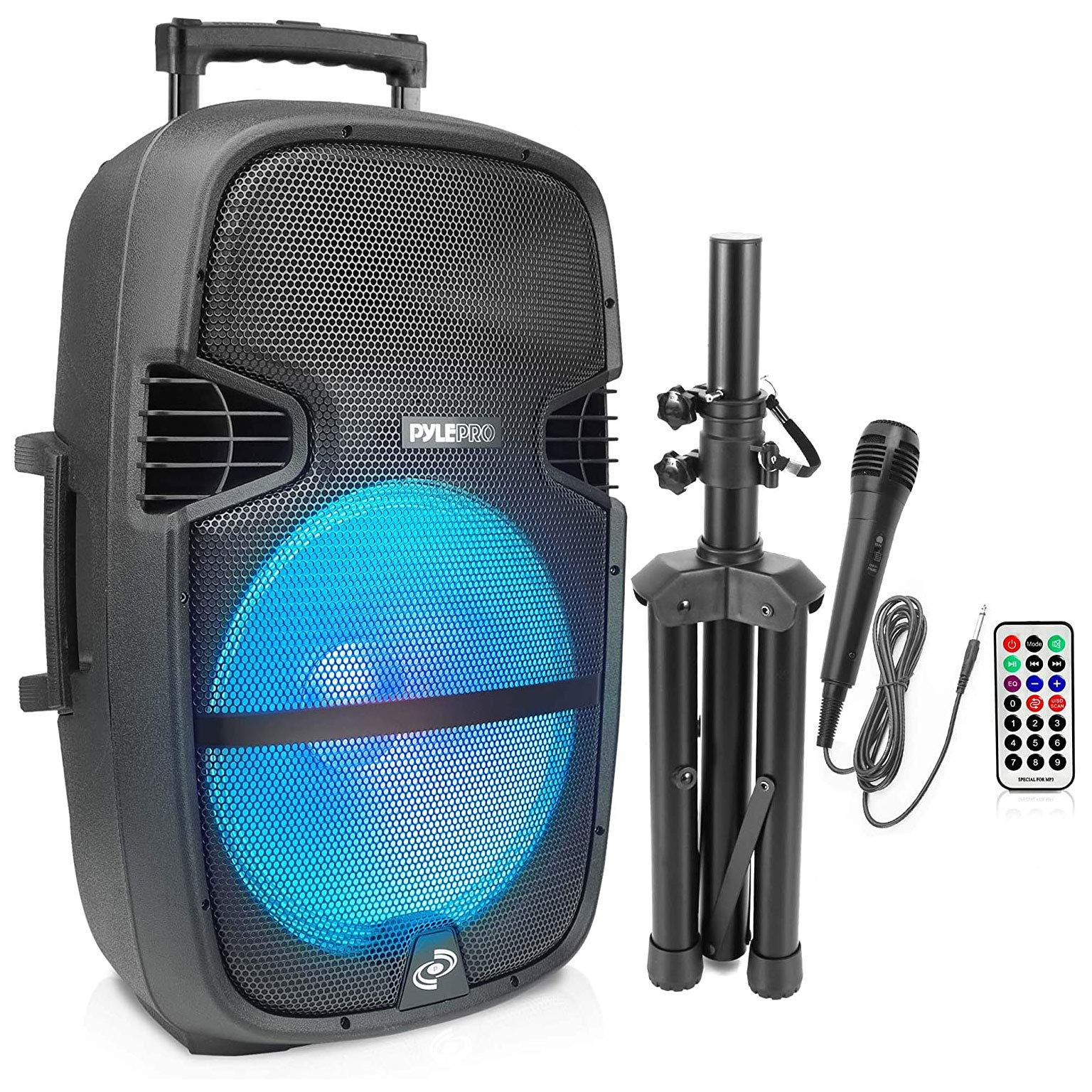 Pyle Portable Bluetooth PA Speaker System - 1000W Outdoor Bluetooth Speaker System w/Microphone in, Party Lights, USB SD Card Reader, FM Radio, Wheels - Remote Control, Tripod PPHP1548B, BLACK,BLUE