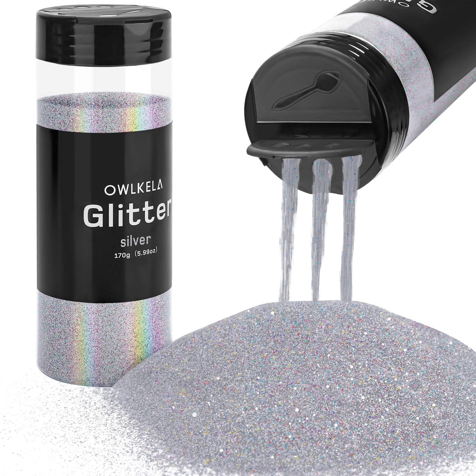 OWLKELA 170g/5.99oz Fine Glitter, Silver Glitter Powder for Sesin, Art & Craft, Nail, Hair, Face, Body, Slime, Festival Cosmetic Powder for Painting, Candle/Soap Making, Waxing