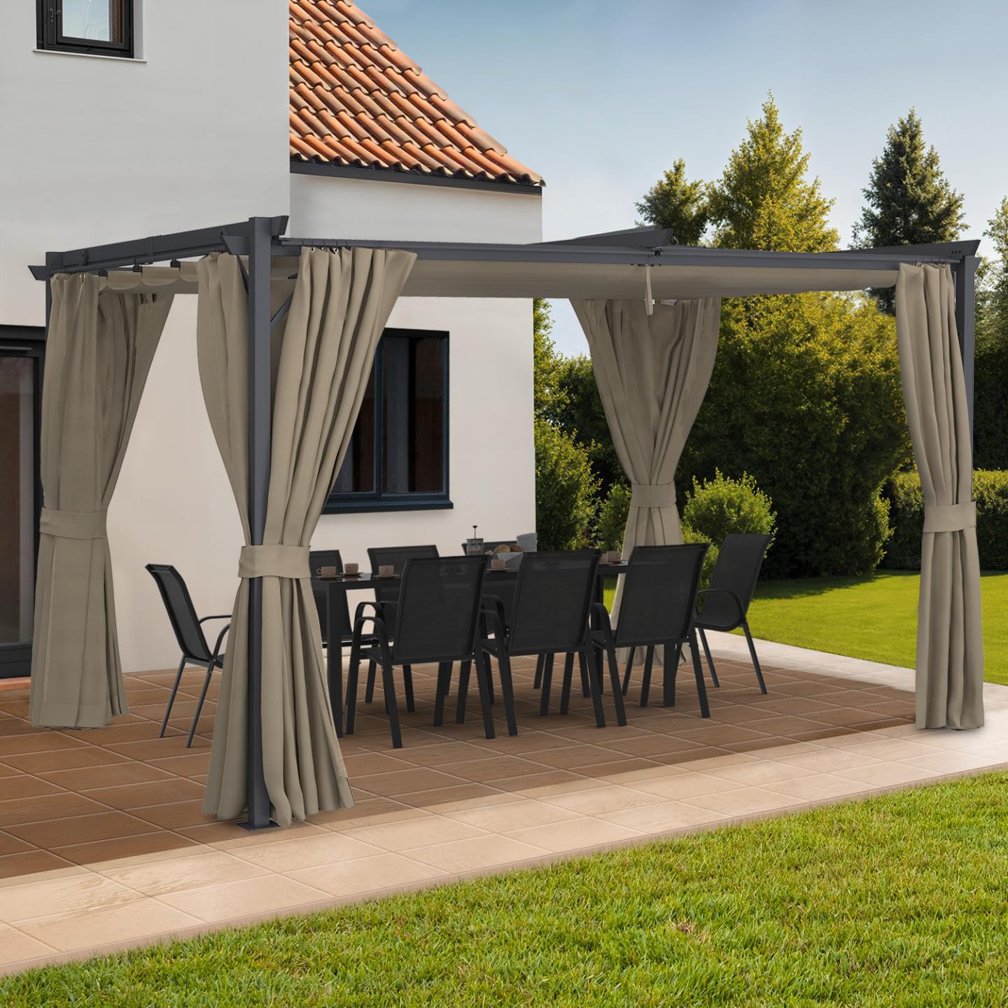 IDMarket - Pergola moustiquaire Toit rétractable 3x4 M et 4 Rideaux