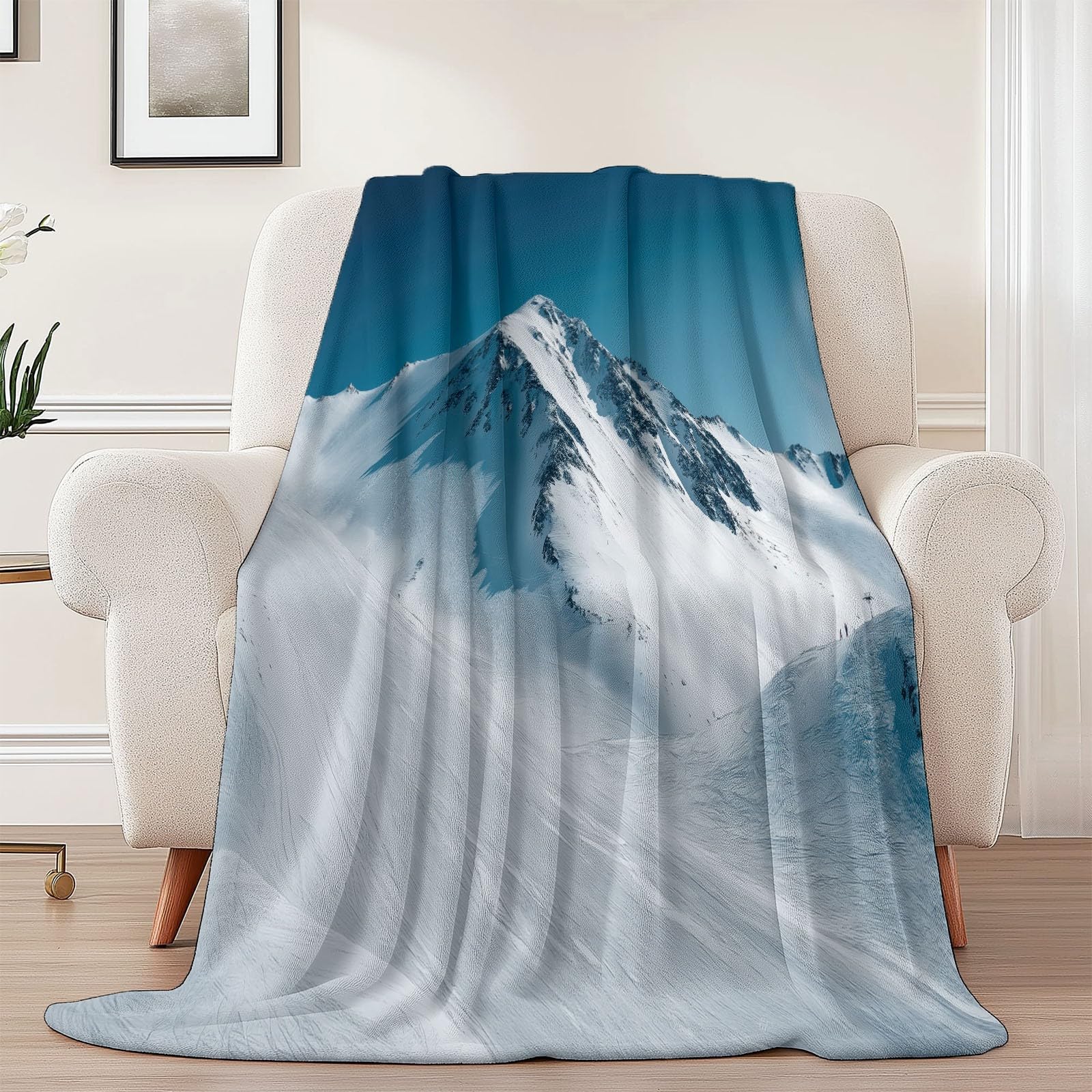 Générique Couverture Polaire Bleu, Neige Montagnes Ski Flanelle Couverture pour Canapé Lit Voyage Plaid Chaise, 220 x 240 cm Couvertures de Lit Doux et Chaud pour Toutes Les Saisons