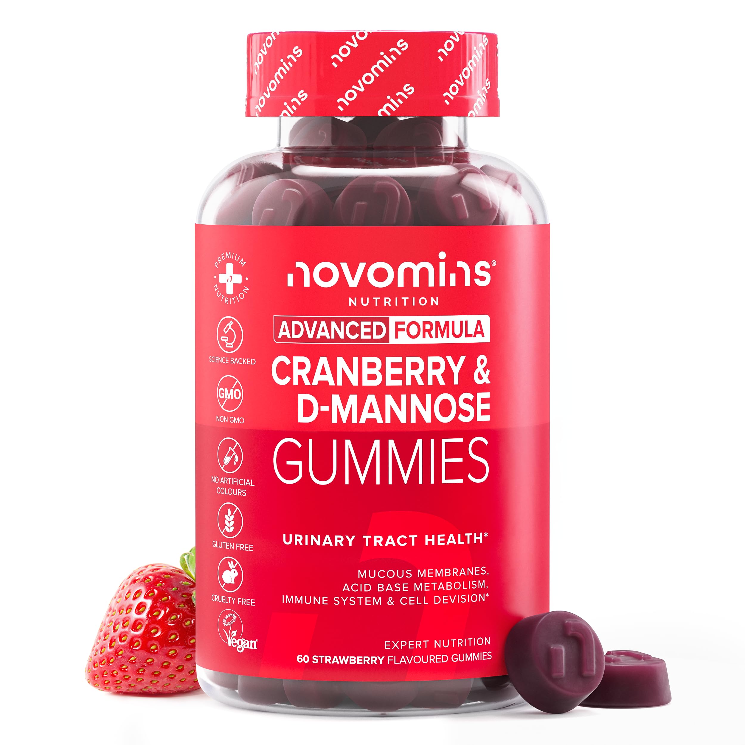 Mirtillo Rosso e D-Mannosio Gommose – 600 mg Mirtillo + 400 mg D-Mannosio – con Zinco e Biotina – Vegan, Senza Glutine – 60 Gommose Gusto Fragola – Novomins