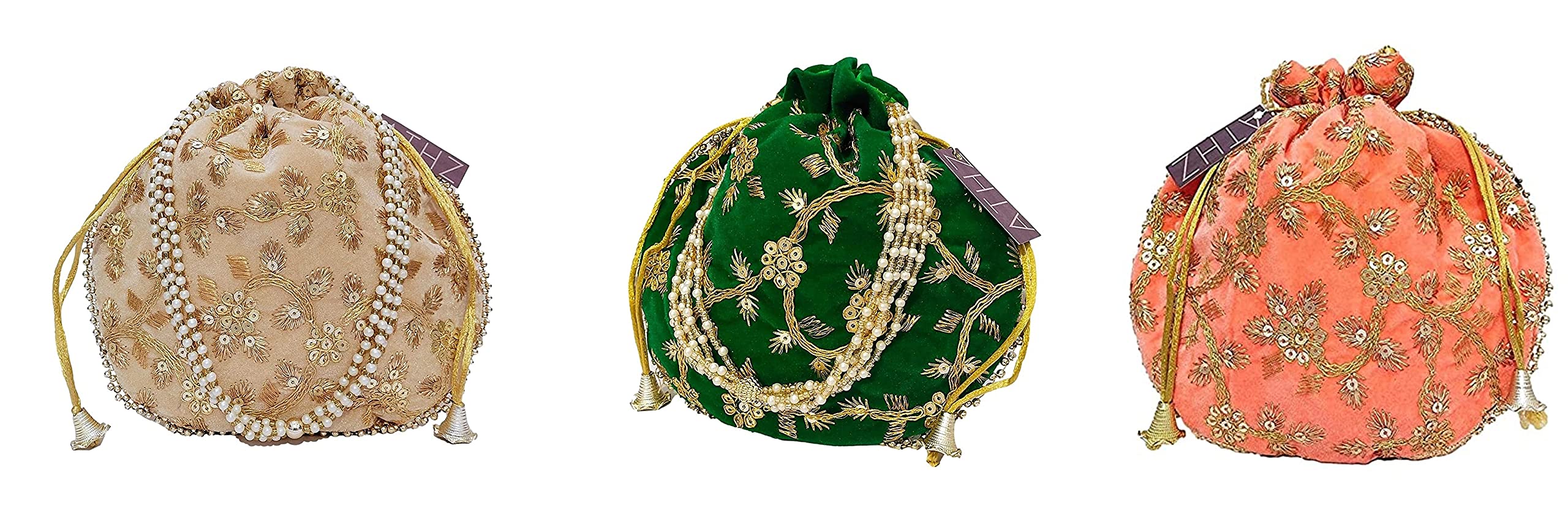 ATHZ Potli Pack of 3 Peach, Beige, Green Velvet Matka Designer Handbags for Women