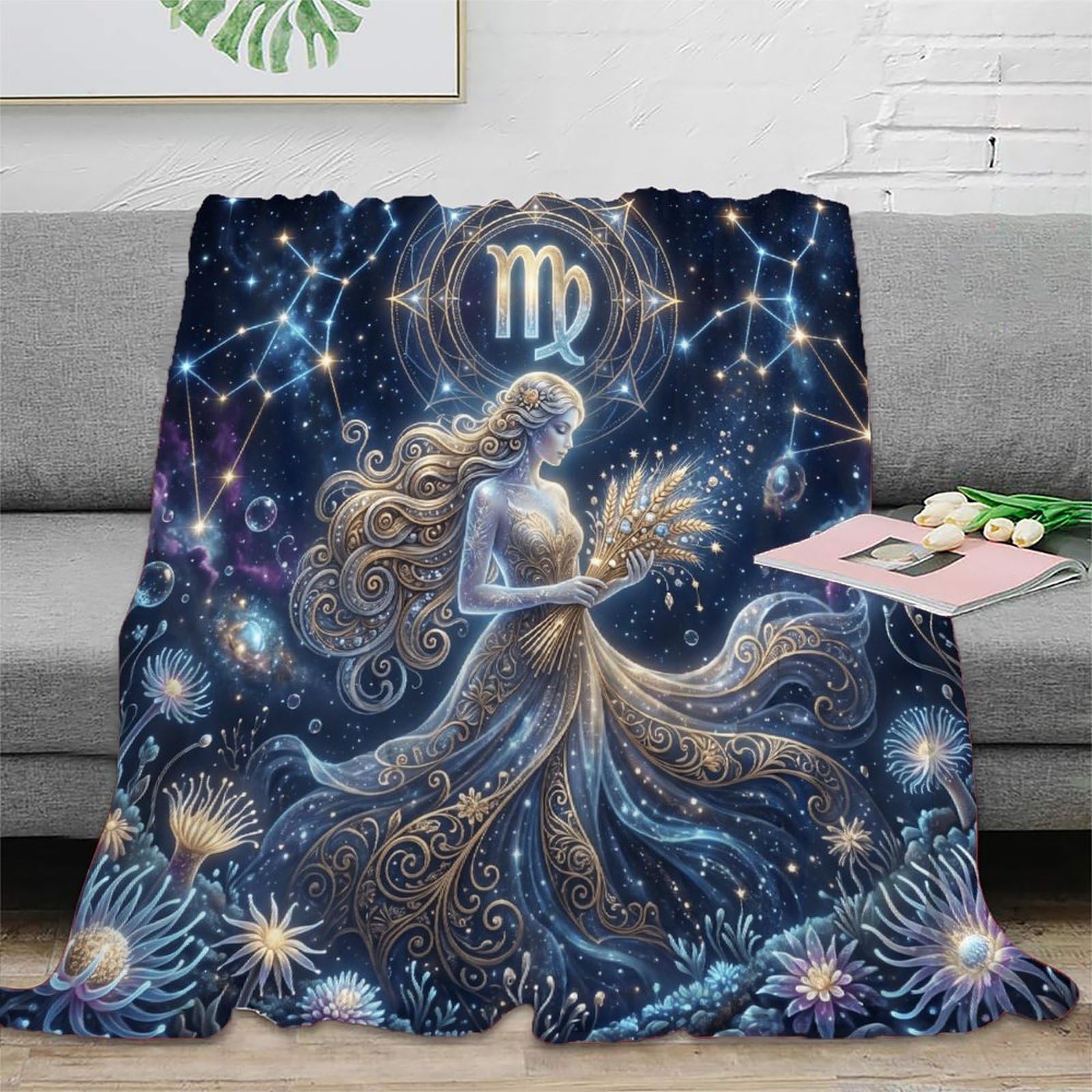 W7C8U2X3 Virgo Zodiac Starry Galaxy Warm Throw Blanket, Bedroom Sofa Couch