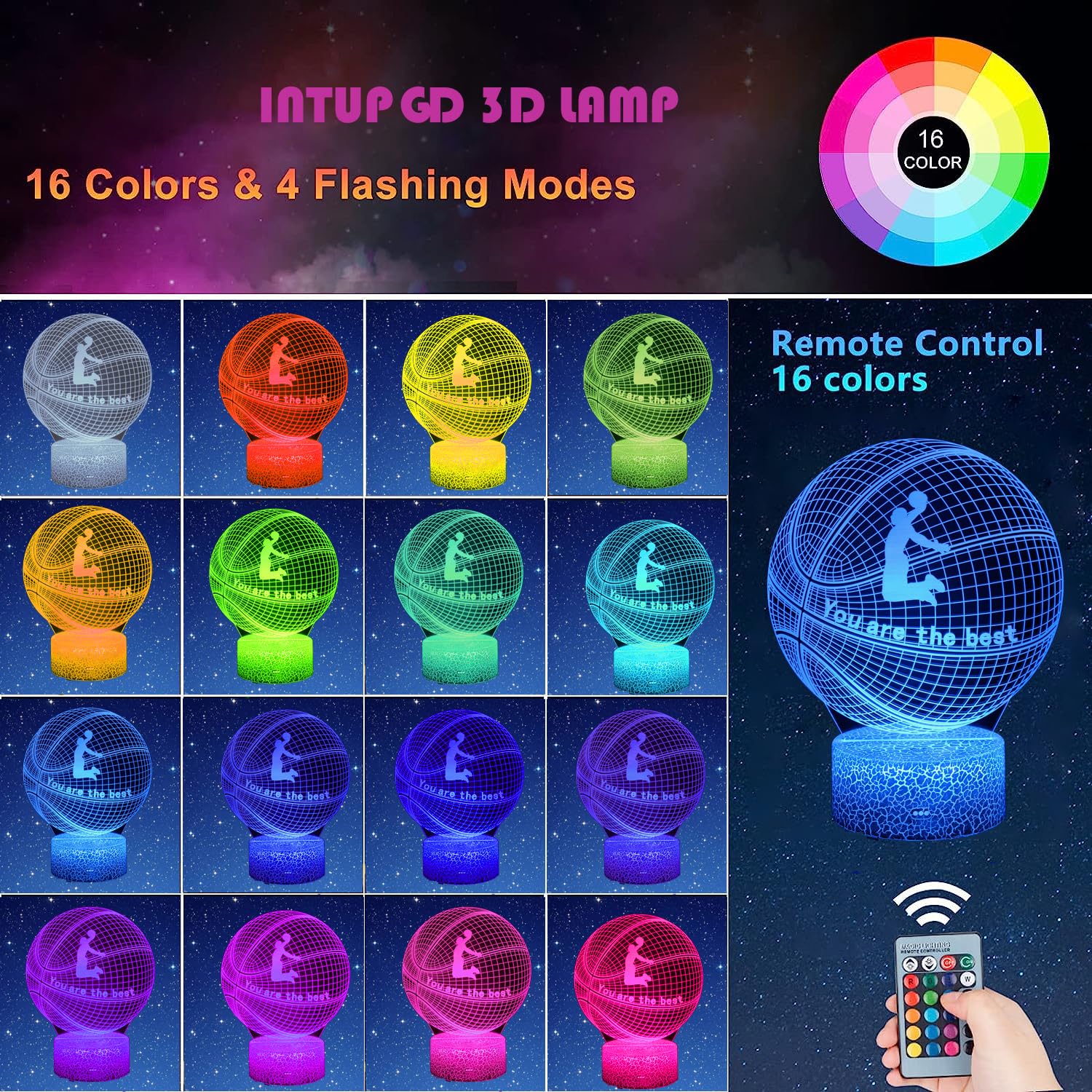 Lampada 3D Basket Con Telecomando 16 Colori - Luce Notturna Pallacanestro Per Bambini, Dimmerabile Touch, Regalo Sportivo