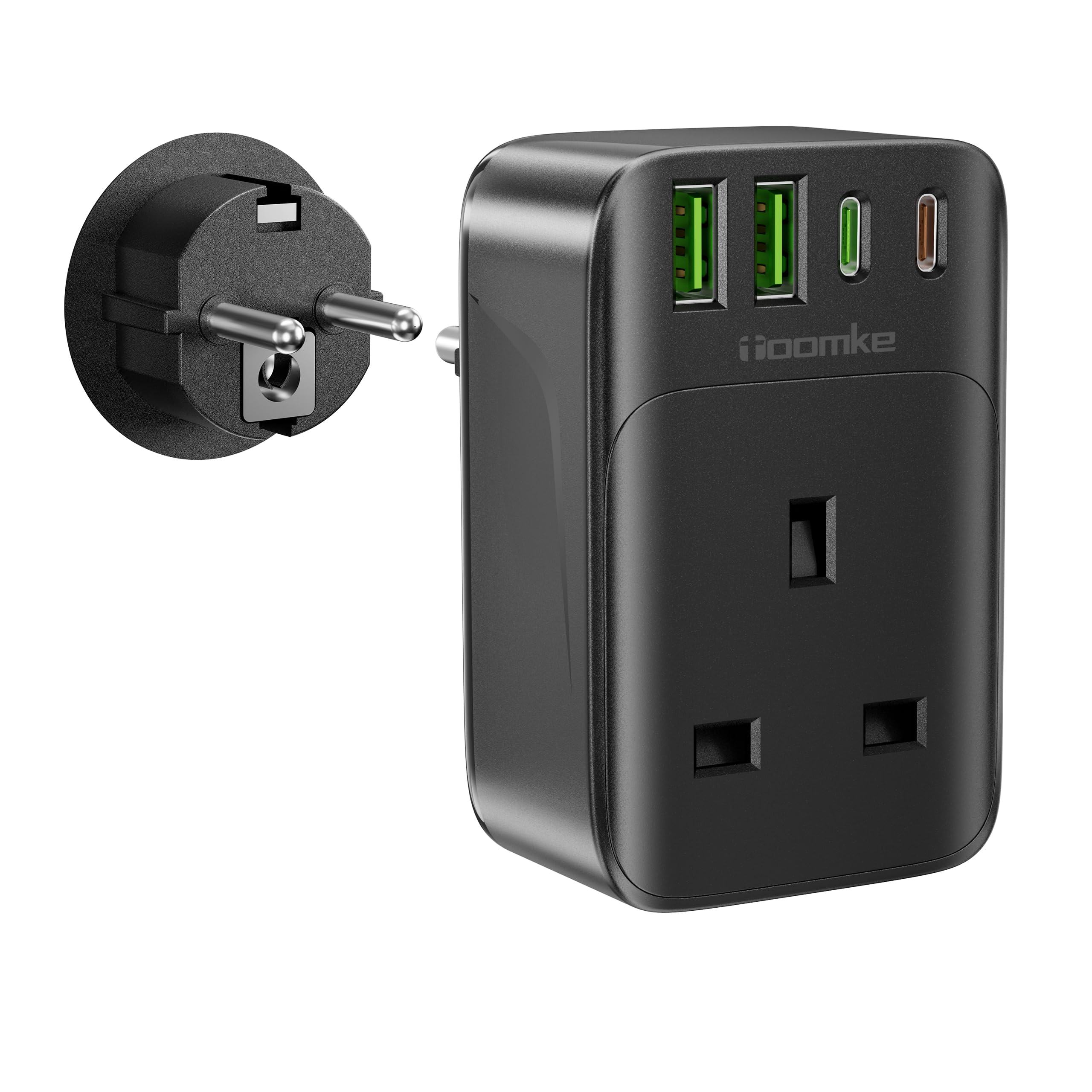 European Plug Adapter, PD 35W USB C Fast European Travel Plug with 4 USB Ports, UK to EU Euro Europe Charge Adaptor Plug for Germany France Spain Greece Turkey etc(Type E/F), Black