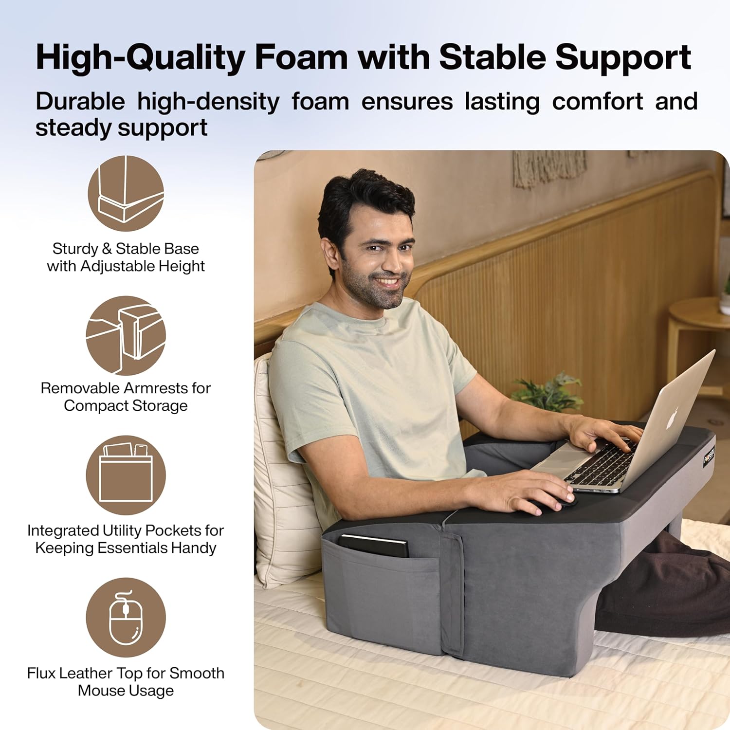 FOVERA Lap Desk Pillow | Height Adjustable, Soft & Comfortable Armrest, Easy to Store | for Working on Laptop, Reading & Gaming | Work from Home Pillow | Perfect for Using on Bed, Sofa & Floor (Grey) 33 81YQFl SnqL. SL1500