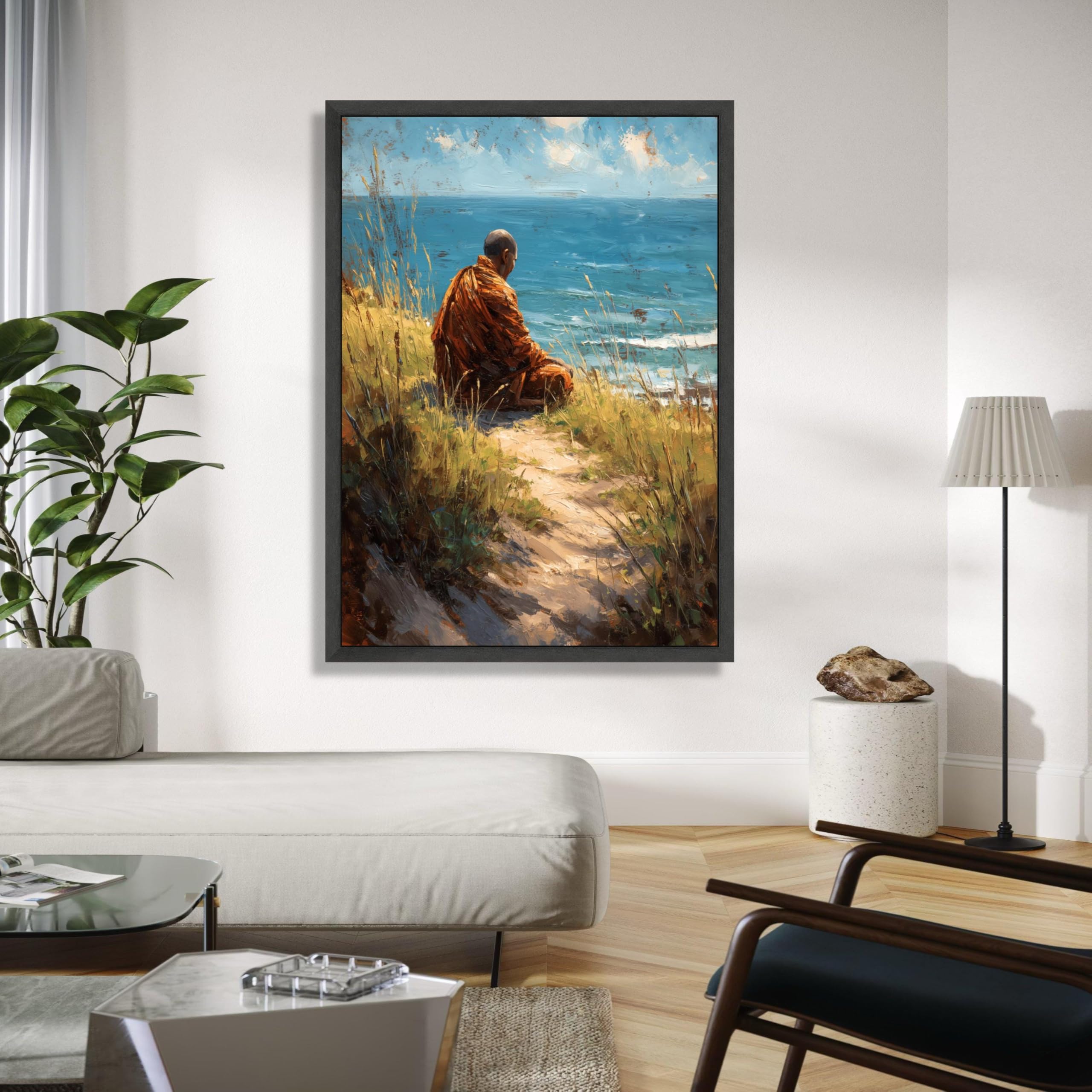 YUSUZHU Stampa su tela Monaco meditativo di Ocean, paesaggio marino, dipinto sulla natura spirituale, poster costieri, decorazione per la casa (60x90 cm/cornice interna)