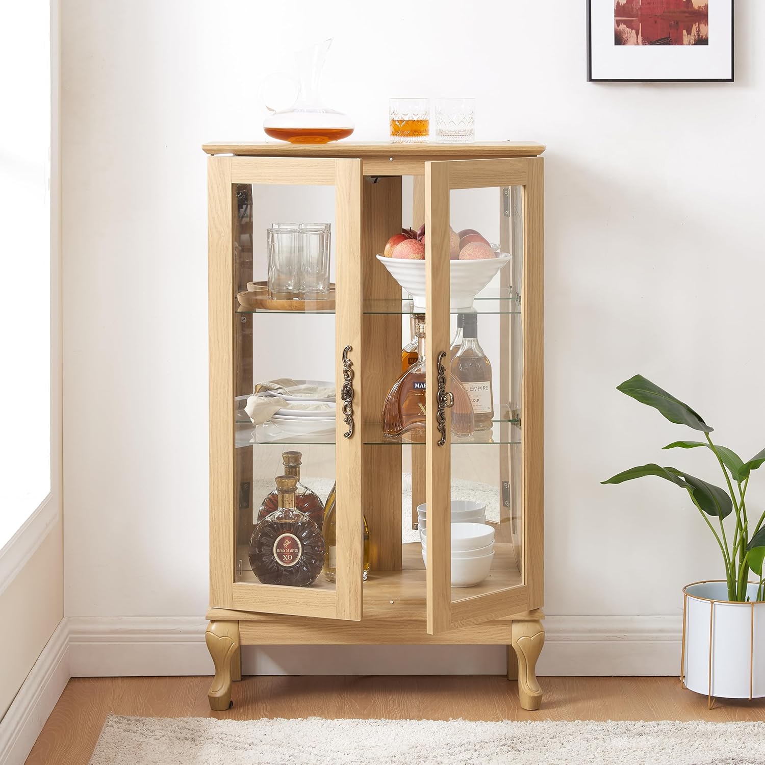 Display Cabinet with Glass Doors, Curio Cabinets with Mirrored Back Panel and Adjustable Shelves, Lighted Display Case for Living Room Storage, Collectibles Corner Vitrinas with Metal Frame,LightOak