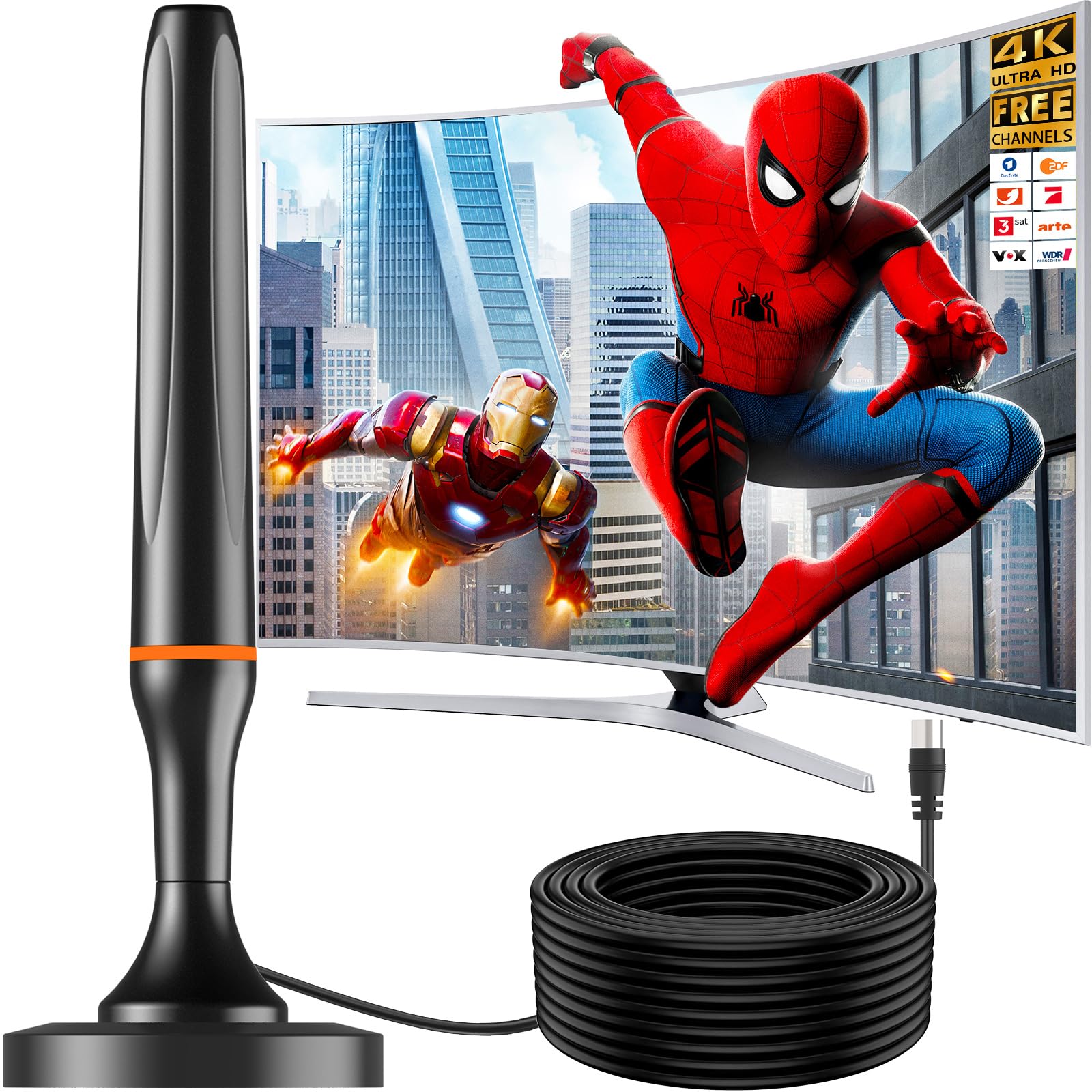 Antenna DVBT2, antenna DVB-T/DVB-T2, antenna ad asta più forte per TV digitale/digitale TV/DAB Radio/DVB-T2 Tuner Stick, massima qualità del segnale – con base magnetica cavo da 3 m