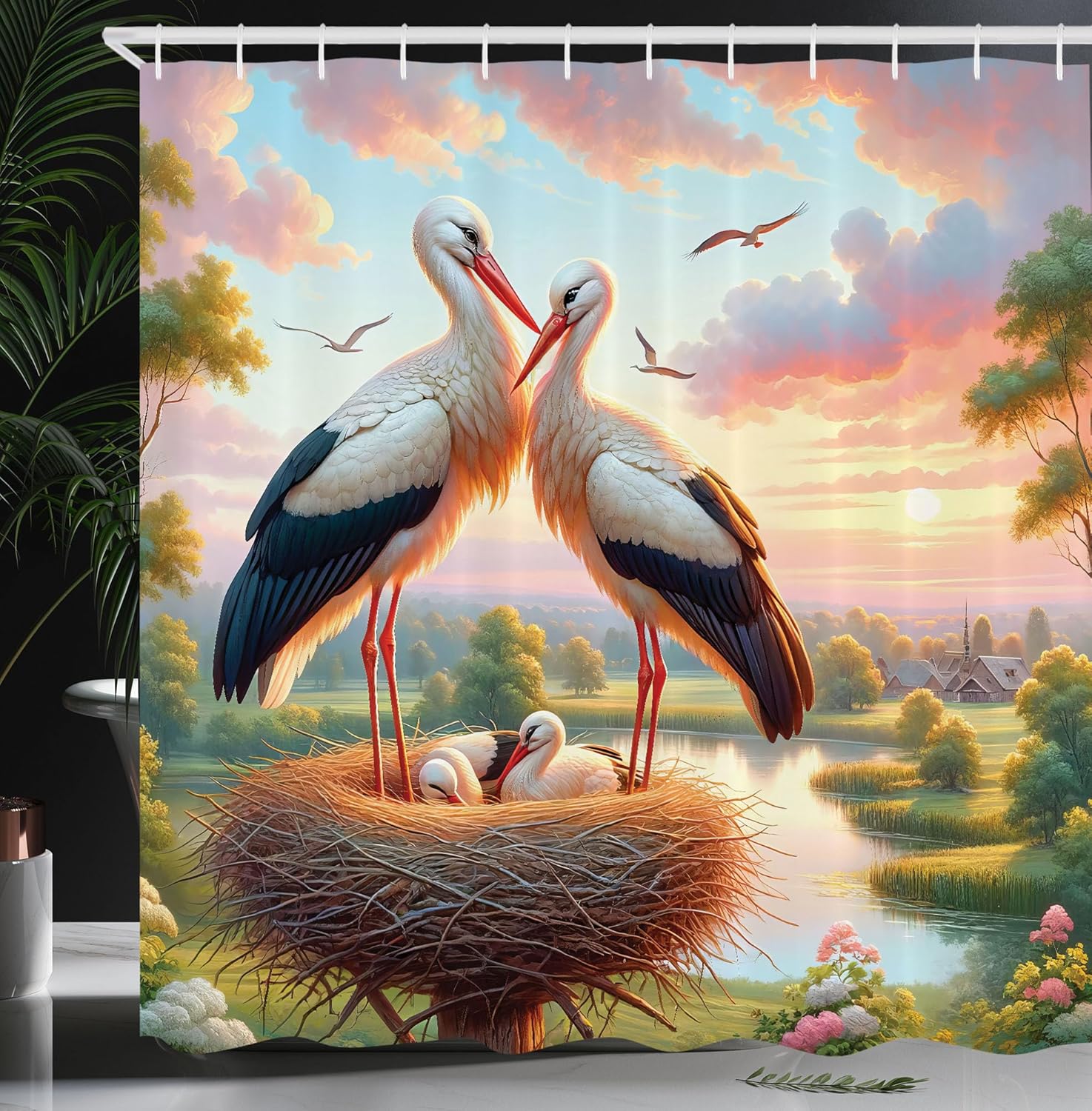 Ambesonne Birds and Nature Shower Curtain, Romantic Scenery of a Stork Family and Dreamy Meadow and Lake, Cloth Fabric Bathroom Decor Set with Hooks, 69" W x 84" L, Fern Green Multicolor