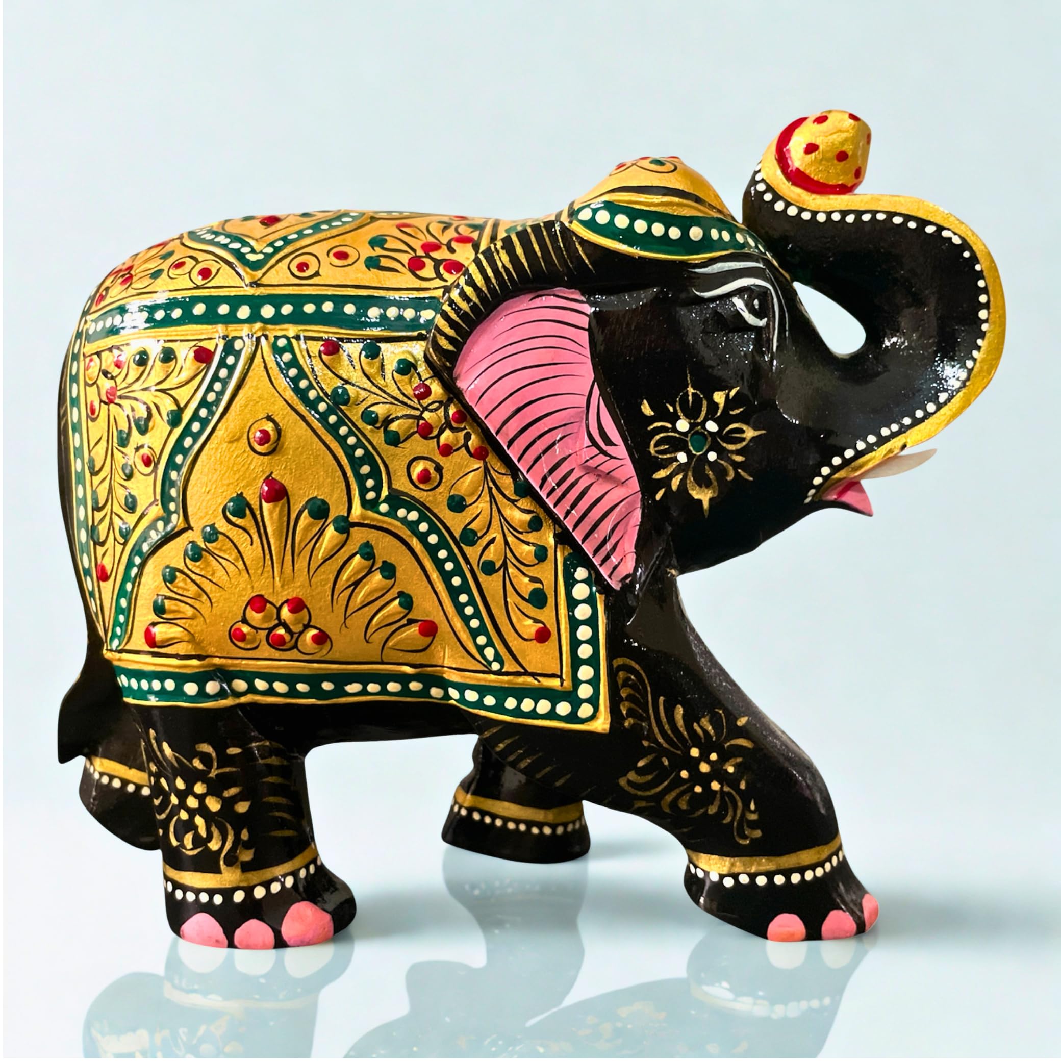 Elefante ornamentale realizzato a mano in legno, di lusso, tradizionale, portafortuna, statuetta decorativa per la casa, per soggiorno, ufficio e regali (oro e verde) (grande, 12,7