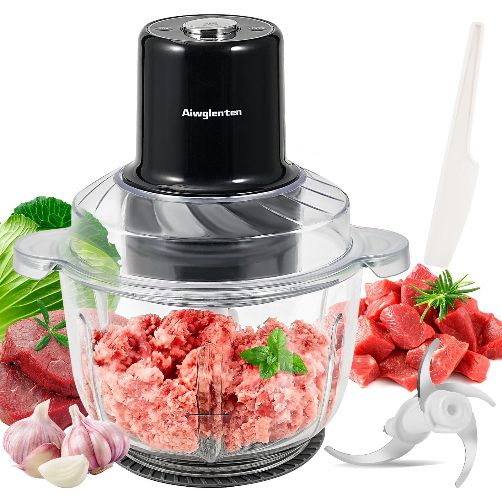 Aiwglenten Kitchen Hand Blender,Small Meat Grinder & Food Chopper Electric Vegetable Chopper Five Speed Intelligent Speed Regulation with 2 Bi-Level Blades for Meat/Fish/Vegetable/Baby Food