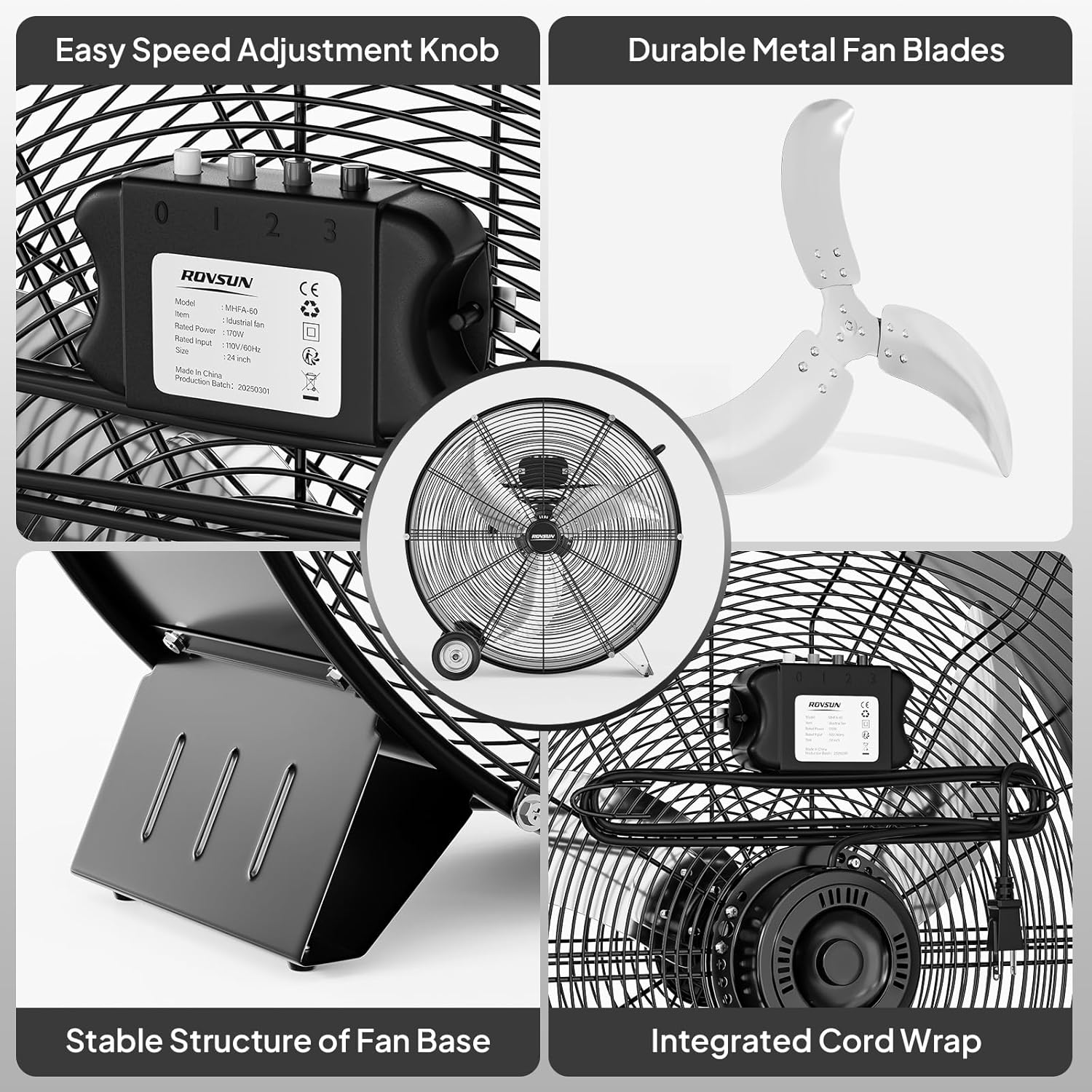 ROVSUN 24 Inch High Velocity Drum Fan, 9500CFM Industrial Metal Floor Fan with Handle, Heavy Duty, 3-Speed, Air Circulator for Shop, Garage, Gym, Barn, Commercial, UL Listed, Black