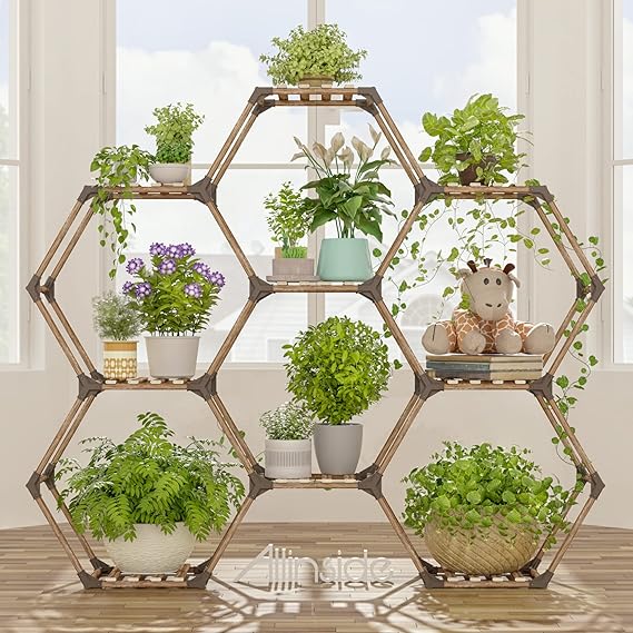 Allinside Hexagonal Plant Stand Indoor, Wood Outdoor Plant Shelf for