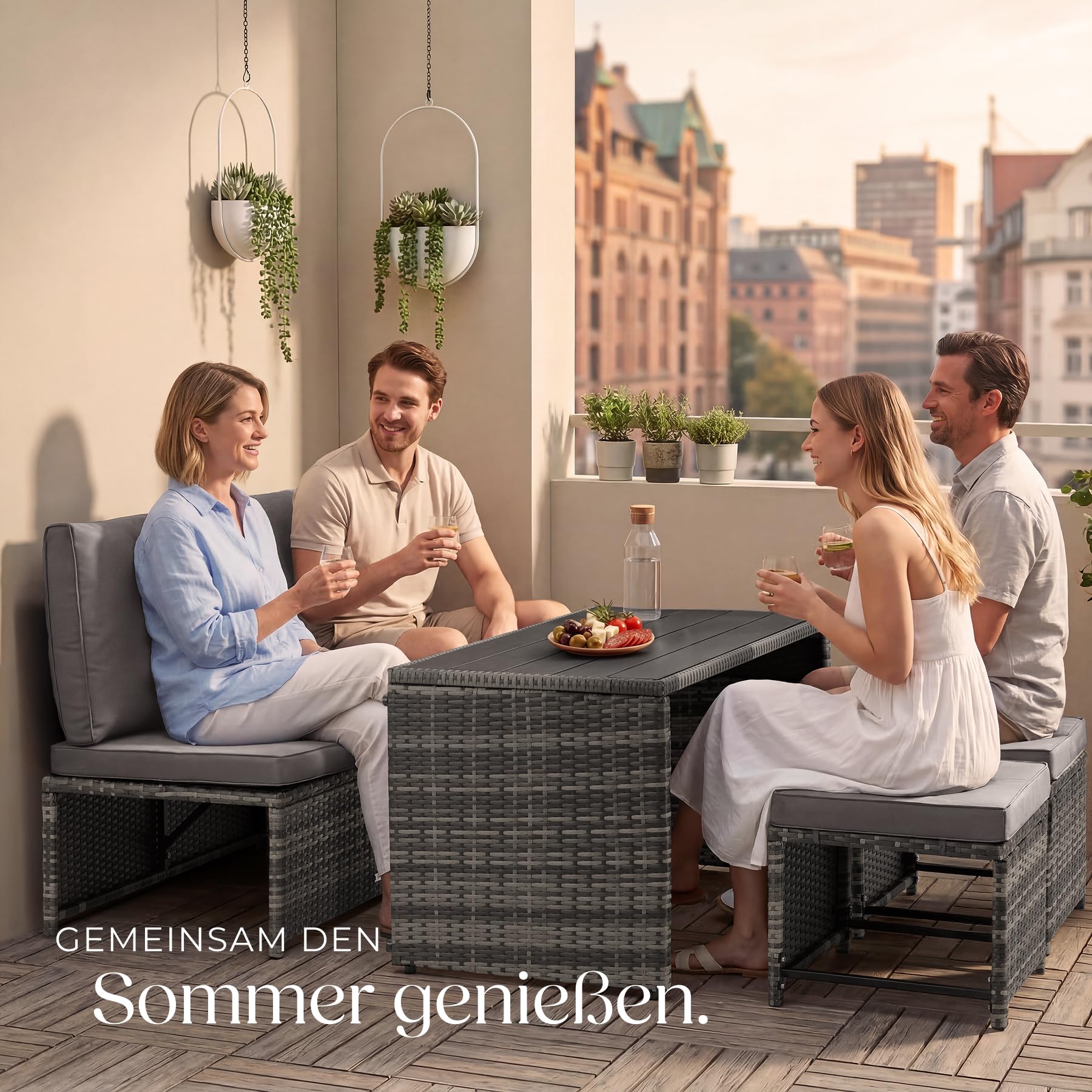tectake® 2in1 Rattanlounge für 4 Personen, Set mit Tisch mit Schraubfüßen, Tischoberfläche in Holzoptik, Polyrattan Gartenmöbel, als Gartensofa oder Sitzgruppe, Terrassenmöbel, Outdoor Lounge – grau