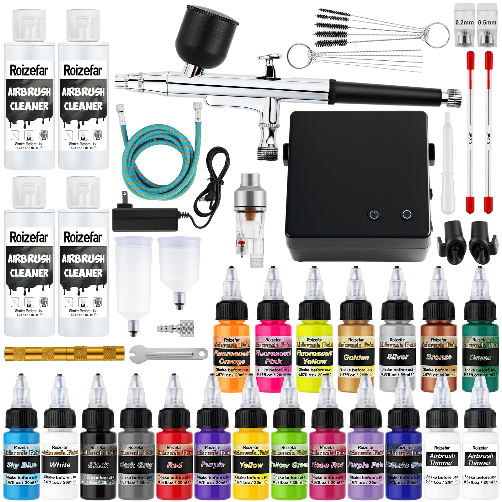 Roizefar Airbrush Kit with Compressor & 18 Colors, Cleaners with Thinner