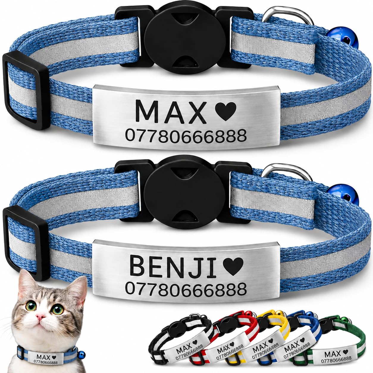 2 Pack Personalised Cat Collars with Engraved ID Plate, Name & Phone Number, Reflective Breakaway Safety Buckle, Adjustable Cat & Kitten Collar Set (Sky Blue, Silver Name Plate)