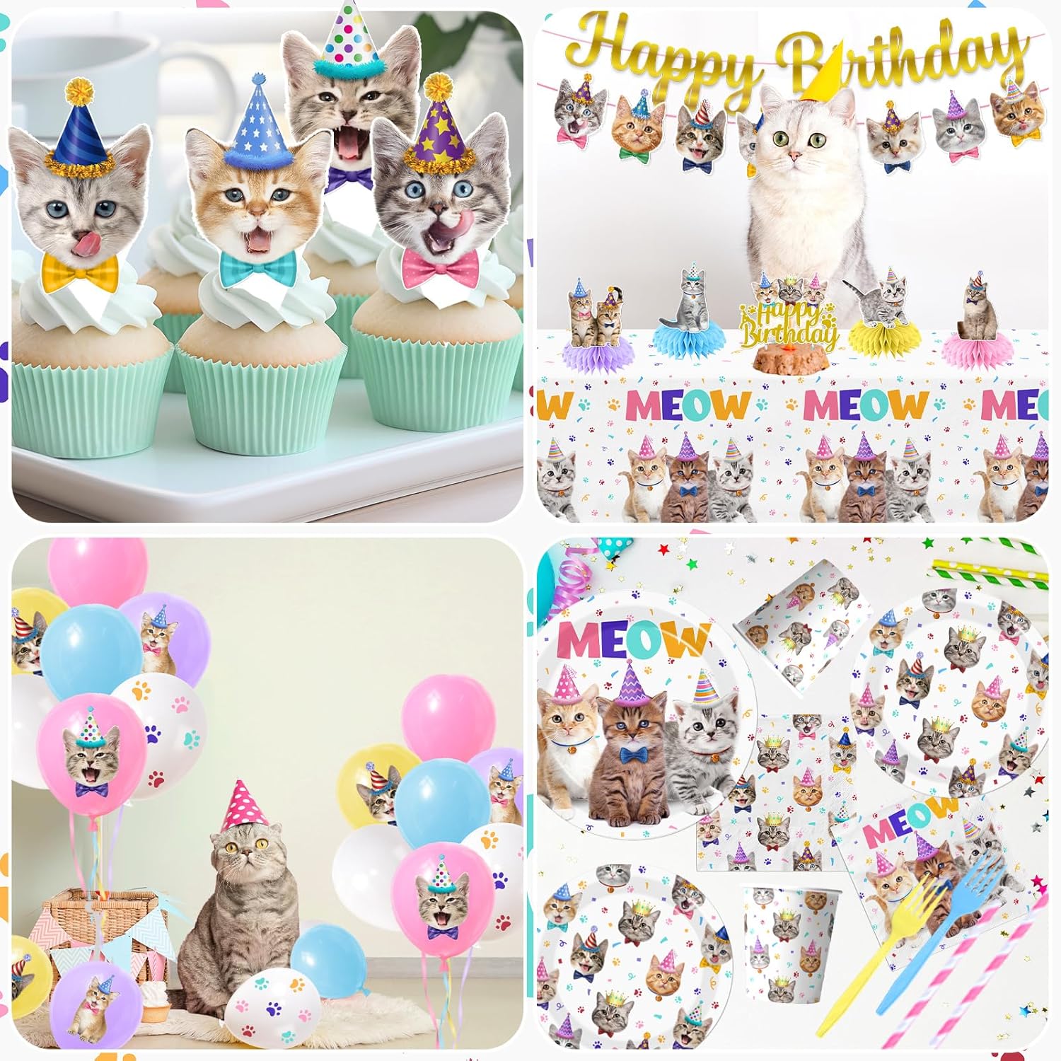 Cat Birthday Decorations,189pcs Cat Party Decorations cat Birthday Plates and Napkins Cups Tablecloth Cake Topper Hanging Swirls Centerpiece Balloon for Ca t Party Supplies