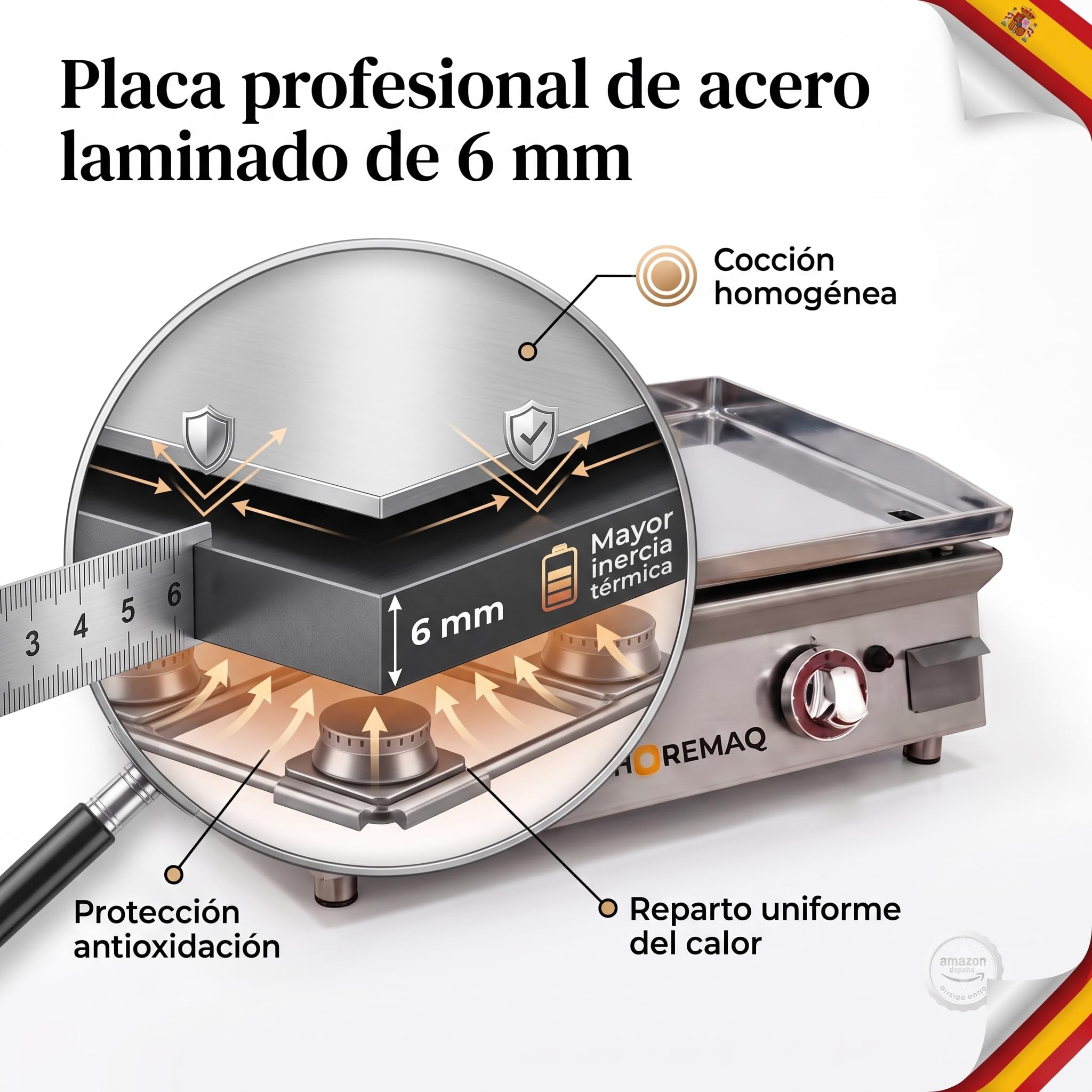 Plancha Gas Butano Profesional 60 cm, Placa Extraíble en Acero Laminado 6 mm, 2 Quemadores, 5,50 kW, Cuerpo de Acero Inoxidable, Sobremesa Hostelería, Fabricada en España
