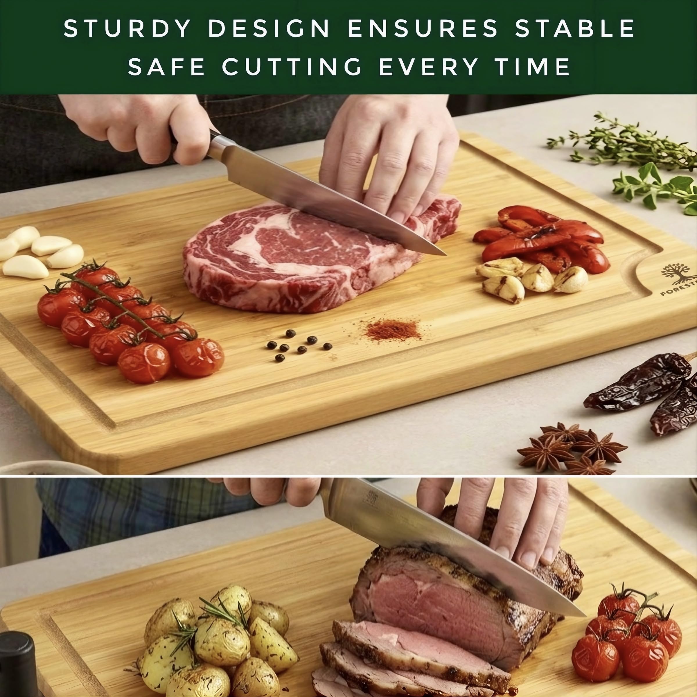 Juego de tablas de cortar de bambú, tablas de cocina de madera de 3 piezas para preparar y servir comidas, bambú duradero con ranura profunda para jugo y asas laterales, ideal para carne