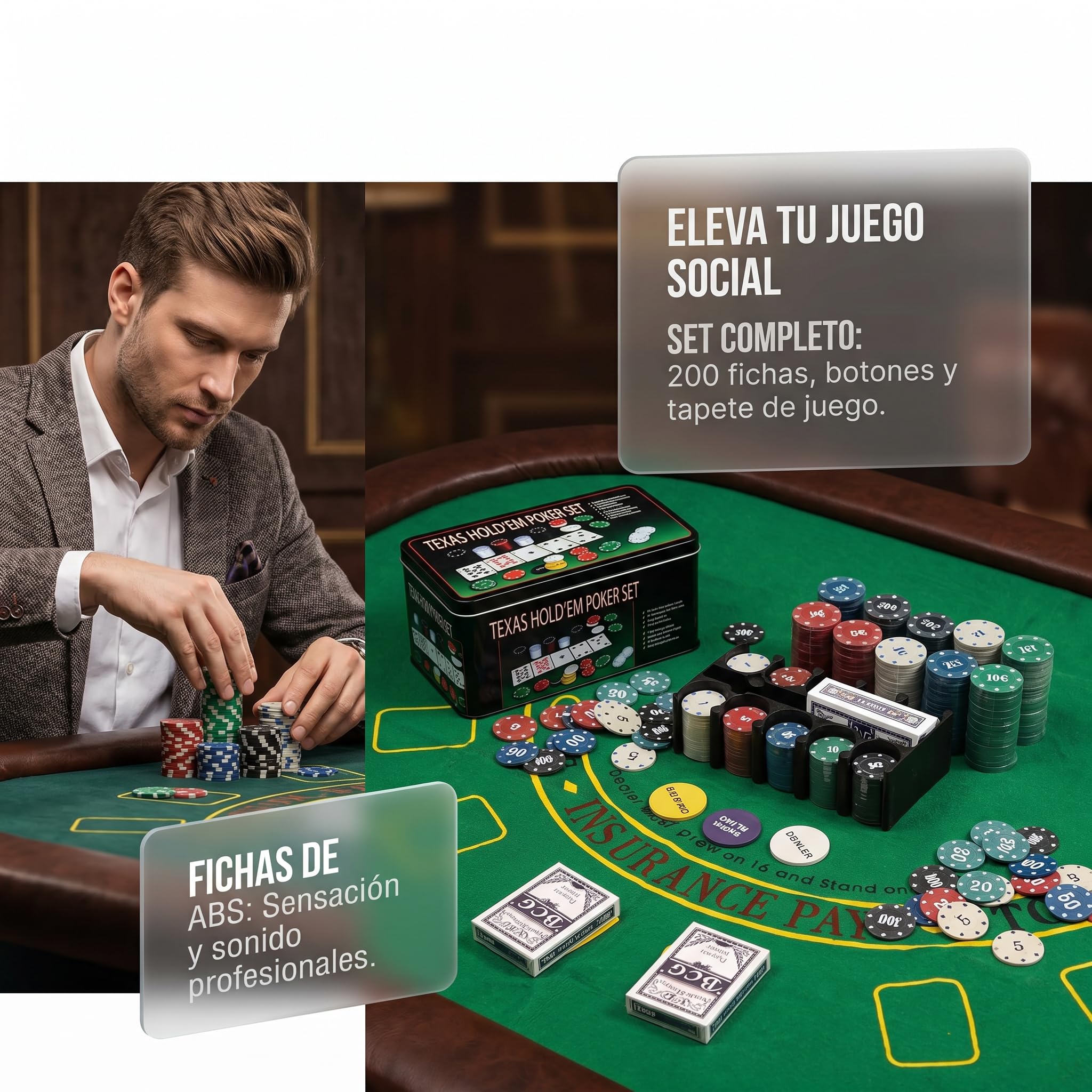various Set de poker avec 200 jetons et boîte métallique, jeu de poker Texas Holdem avec 2 Decks et bouton Dealer, Kit Poker pour Blackjack, casino et soirées de jeu en famille