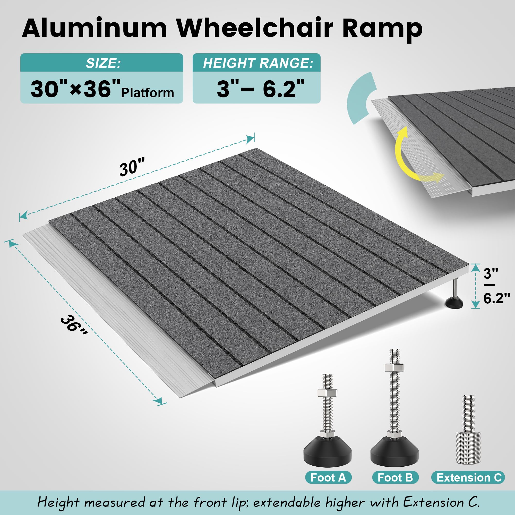 Rampy progowe dla wózków inwalidzkich, regulowana wysokość od 8 do 16 cm i 80 x 36 cm, aluminiowa rampa dla wózków inwalidzkich, rampy progowe drzwi z grubą matą