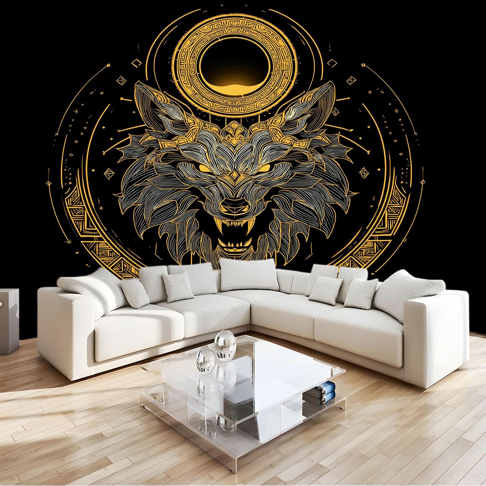 Cool Tribal Totem geometryczna głowa wilka panoramiczna tapeta 200 x 140 cm, gigantyczny plakat ścienny z efektem 3D, dekoracja ścienna do salonu sypialni - czarna