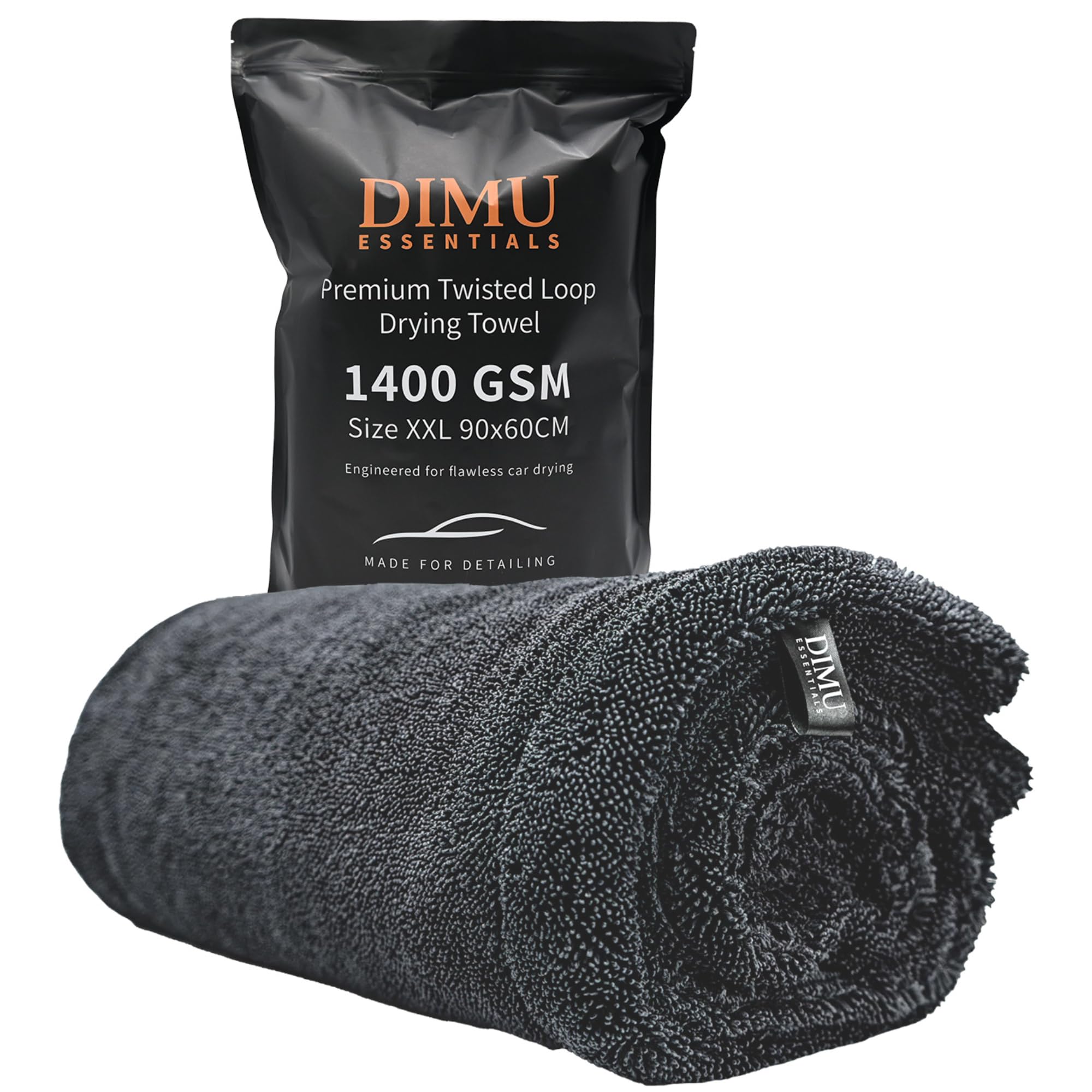 Dimu Essentials Microfibre Car Drying Towel XXL 90x60cm – 1400GSM Twisted Loop – Dark Grey – Ultra Thick Absorbent Cloth for Car Wash & Detailing