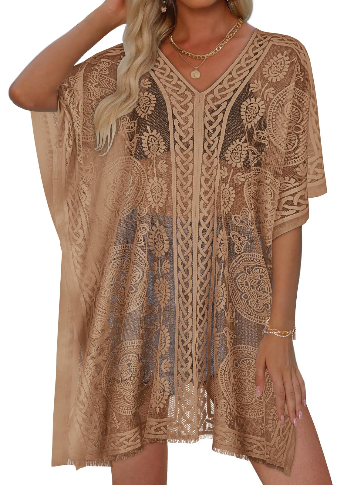 Womens Lace Bathing Suit Cover Up V Neck Swimsuit Coverup Summer Swim Coverups Loose Bikini Beach Dress