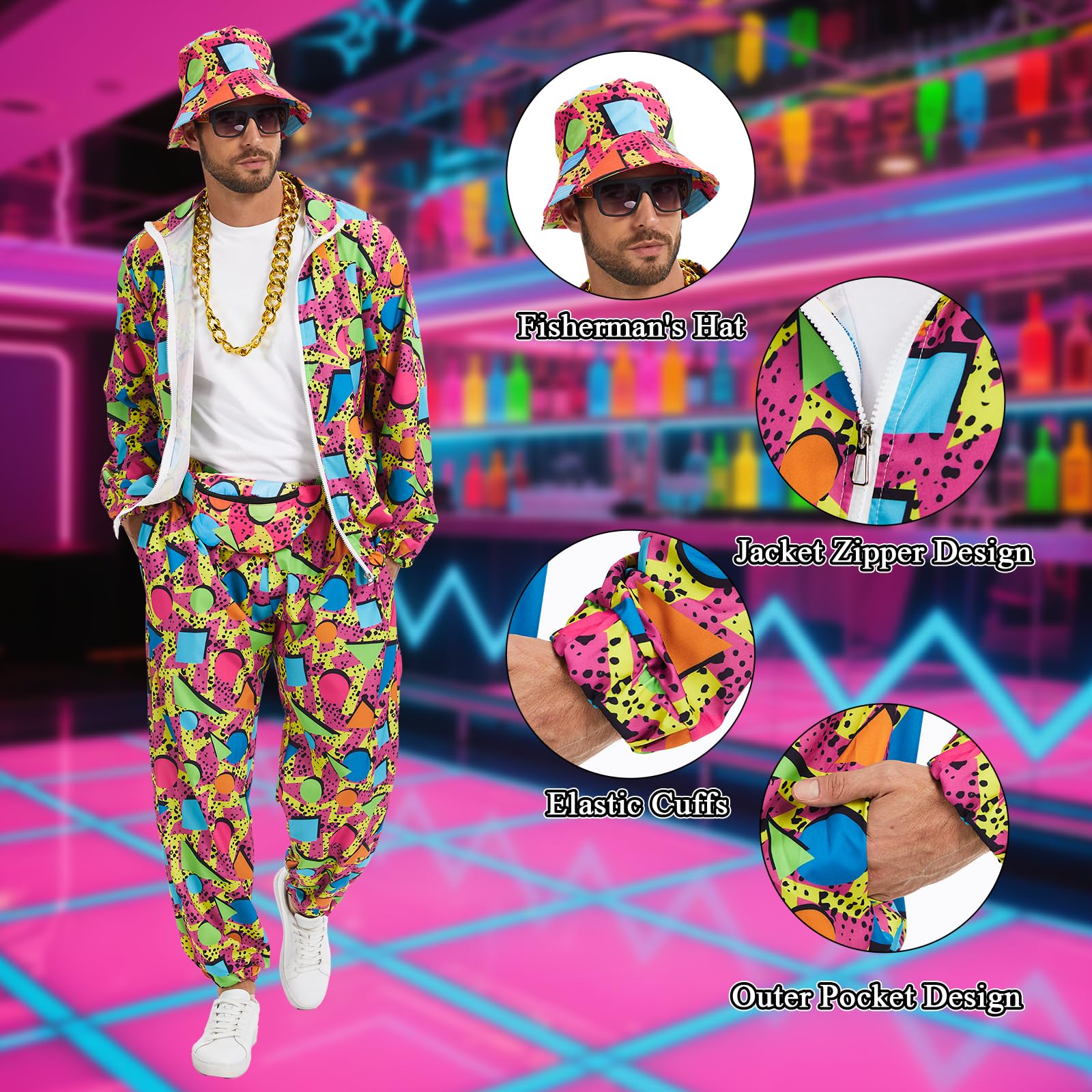 Chándal retro de los años 80 y 90 para hombre, traje deportivo de los años 80, incluye chaquetas, pantalones y gorra, adecuado para Halloween, carnaval