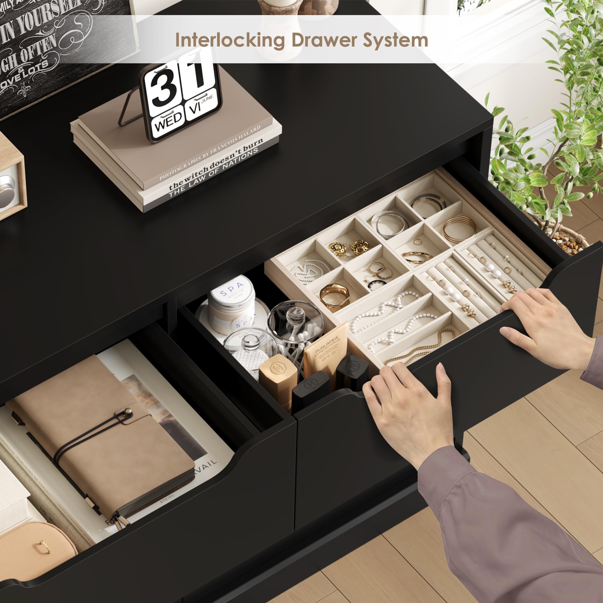 Close-up of an open dresser drawer showing the interlocking drawer system and items stored inside.