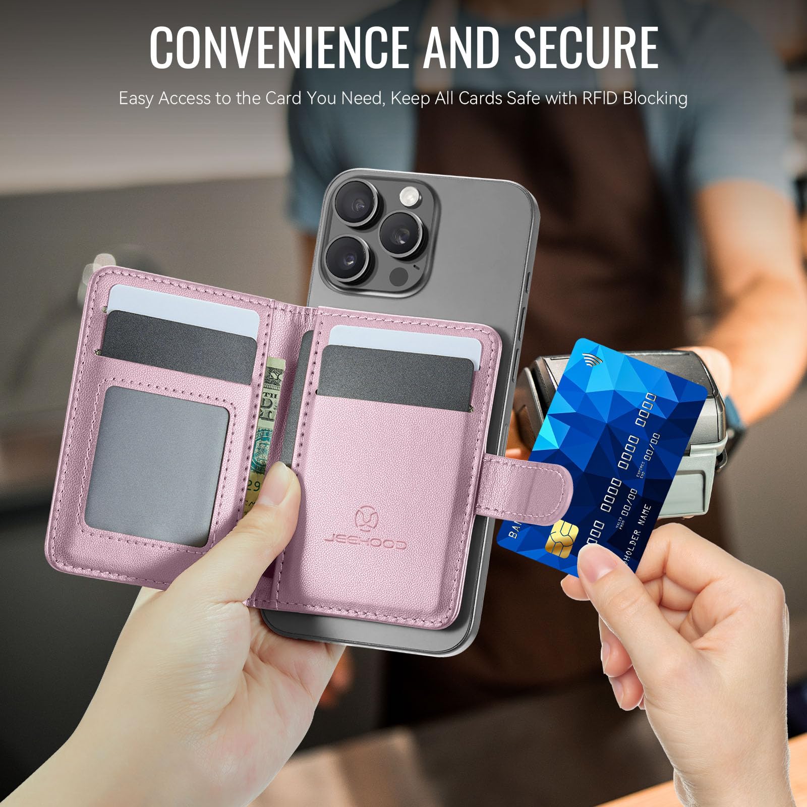 Portafoglio per Magsafe, Porta Carte Cellulare Magnetico, Pelle Wallet con Supporto Porta Carte Portafoglio Magnetico Portafoglio Per iPhone Serie 17/16/15/14/13/12, Funzioni della Staffa - Rosa