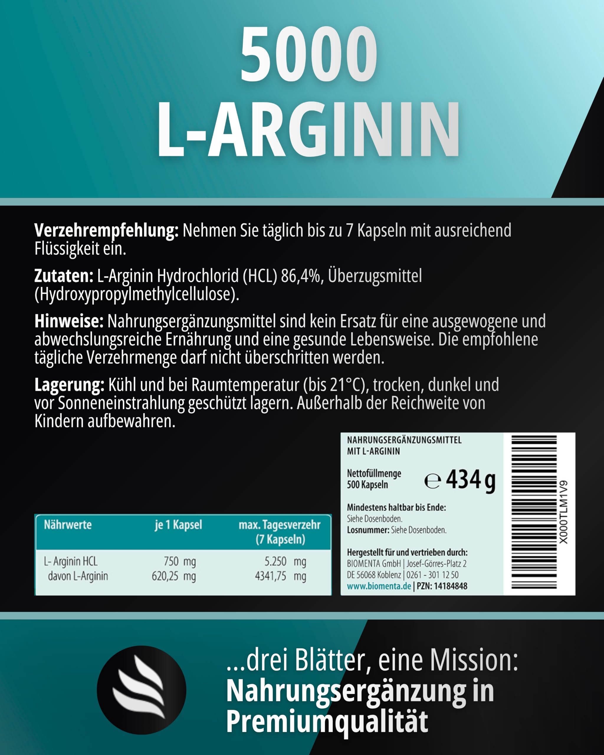 BIOMENTA L-Arginin Hochdosiert I 500 vegane Kapseln mit 620 mg reinen Aminosäuren pro Einheit I Pre Workout Nahrungsergänzungsmittel ohne Zusätze I Rein pflanzlich & laborgeprüft