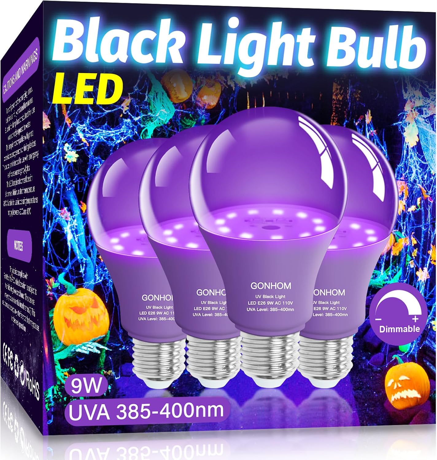 Gonhom 2 Pack A19 LED Black Light Bulbs,Dimmable 9W Blacklight Bulb(100W Equivalent), E26 Base 110V, UVA Level 385-400nm, Glow in The Dark for Black Lights Party, Body Paint, Neon Glow, Art Posters