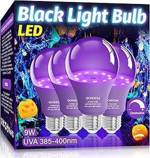 Gonhom 4 Pack A19 LED Black Light Bulbs,Dimmable 9W Blacklight Bulb(100W Equivalent), E26 Base 110V, UVA Level 385-400nm, Glow in The Dark for Black Lights Party, Body Paint, Neon Glow, Art Posters