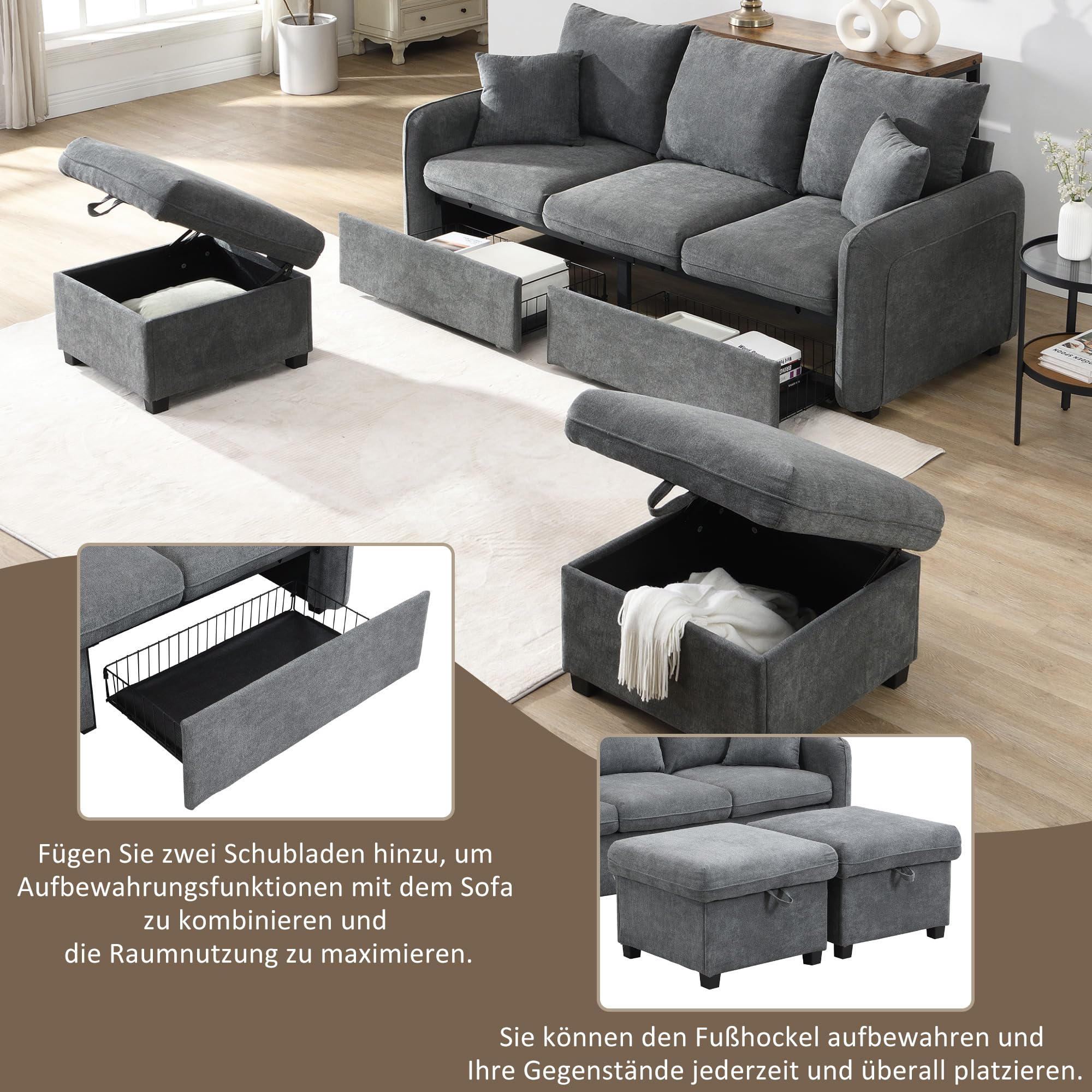 Merax Multifunktionales Ecksofa, 3-Sitzer Polster-Sofa mit Schlaffunktion, mit 2 Staufunktion Hocker, mit 2 Schubladen, modular zerlegbar, Cord-Stoff, für kleine Wohnungen, Dunkelgrau