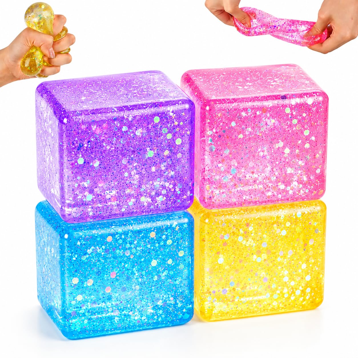 4 Pcs Ice Cube Squishy Fidget Toys, Glitter Cube Squishy Toys, Sensory Fidget Low Rising Squishies Stress Balls, Soft Sugar Stress Cube for Kids Adults Anxiety Relief Gifts