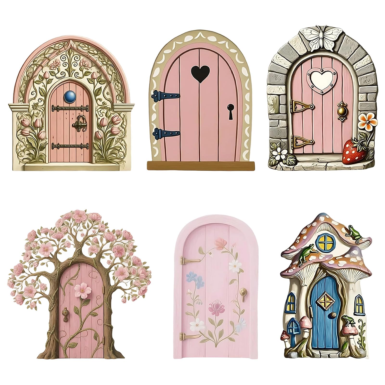 Muiltvoe 6 Pcs Pink Fairy Doors for Garden, Fairy Garden Accessories, Magical Tale Decoration Set, Miniature Wooden Garden Ornaments Outdoor for Tree Yard Trunk Flower Pot