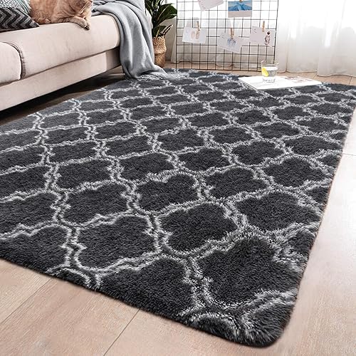 YJ.GWL Fluffy Area Rugs for Bedroom Living Room Shaggy Patterned Nursery Carpets for Girls Kids Teen's Room Fuzzy Floor Carpets Home Decor Rugs 5' x 8' Grey Trellis