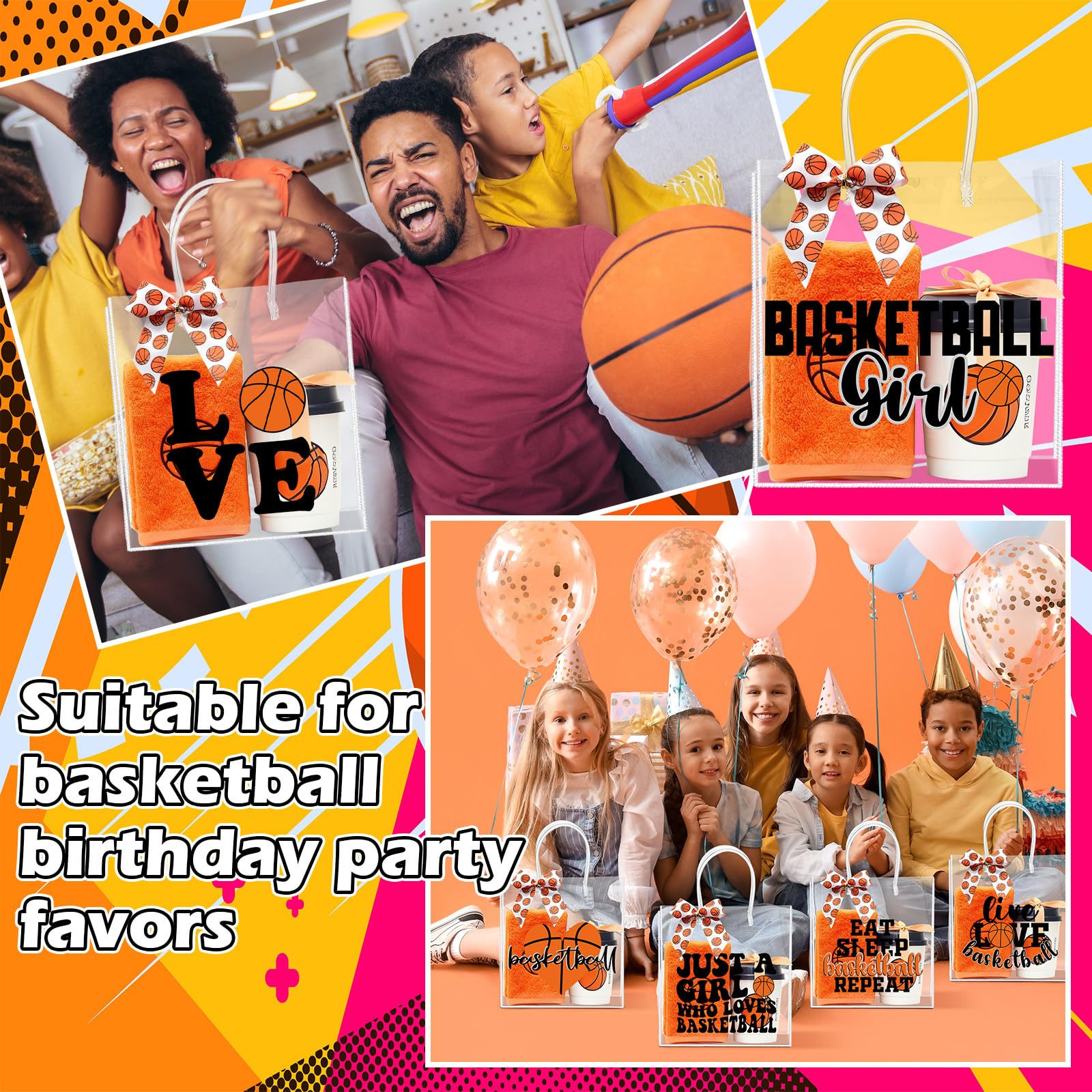 Vicenpal 12 Sets Clear Basketball Gift Bag with Handles 12 Pcs Bows PVC Plastic Basketball Treat Goodie Snack Bags 7.9 x 7.9 x 3.1'' Sport Theme Party Favors for Birthday Holiday Sports Team Gifts