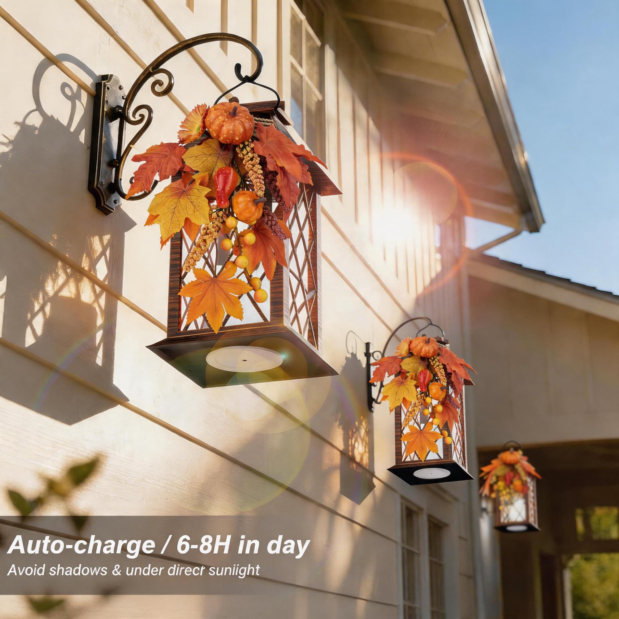Faroles solares impermeables para exteriores, linterna colgante de corona de otoño, 13 pulgadas, decoración solar para porche, patio, jardín, balcón, camino, 1 paquete