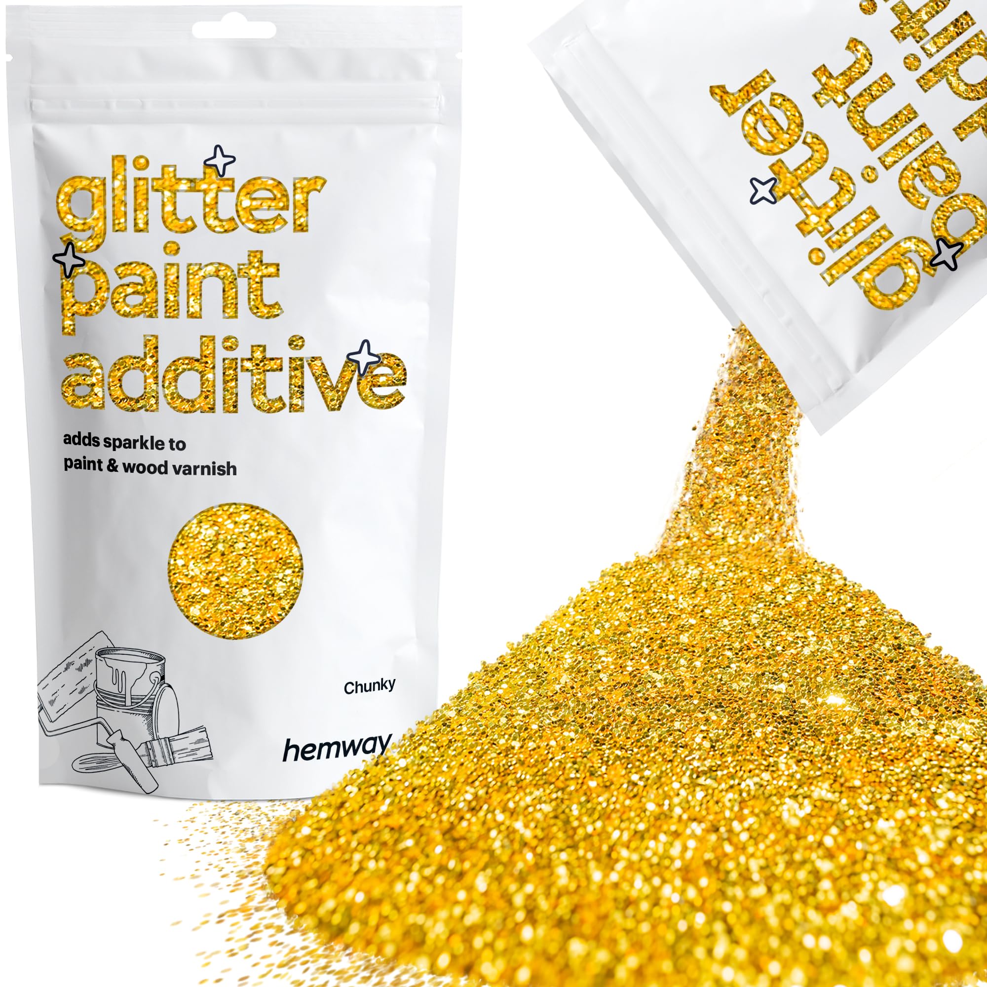 Hemway Glitter Paint Additive Crystals for Acrylic Emulsion Paint, Interior & Exterior Walls, Wood, Varnish, Matt, Gloss, Furniture 100g / 3.5oz - Chunky (1/40" 0.025" 0.6mm) - Gold